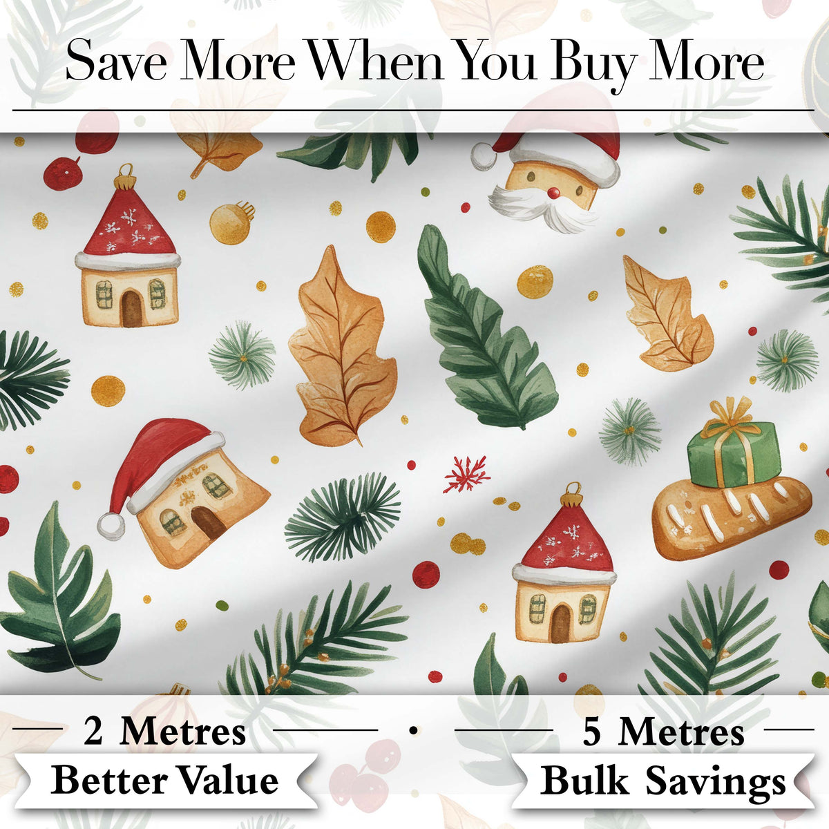 Watercolor Christmas Leaves Santa Hat House Ornament Seamless Pattern Digital Print Fabric by the Metre UK Sewing Quilting Textile