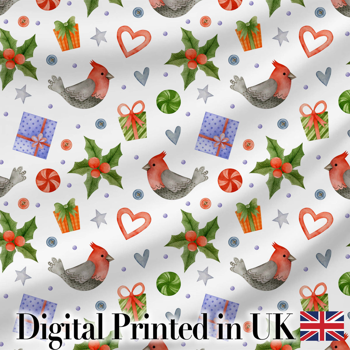 Cute Cardinal Bird Holly Gift Heart Festive Seamless Pattern Digital Print Fabric by the Metre UK Sewing Quilting Textile