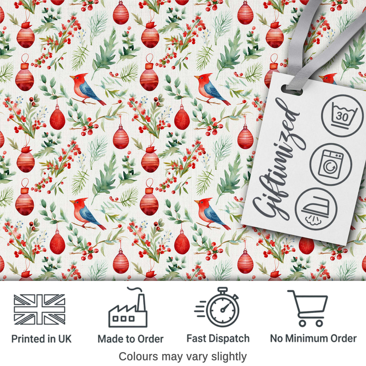 Watercolor Red Bird Ornament Berry Greenery Christmas Seamless Pattern Digital Print Fabric by the Metre UK Sewing Quilting Textile