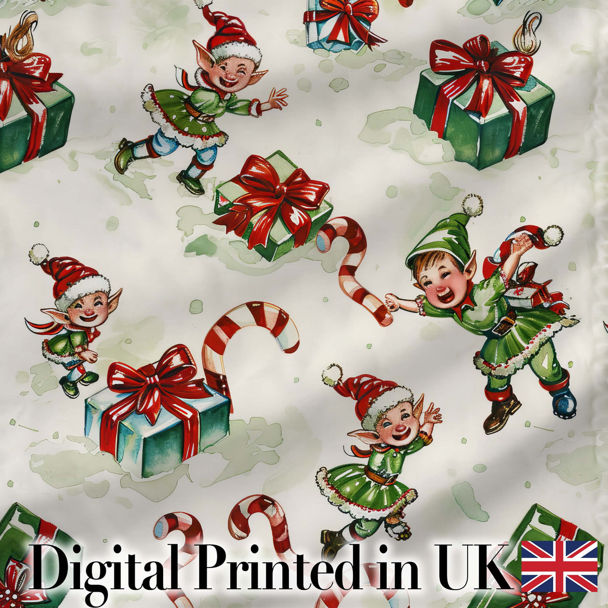 Cute Christmas Elf Gift Candy Cane Festive Seamless Pattern Digital Print Fabric by the Metre UK Sewing Quilting Textile