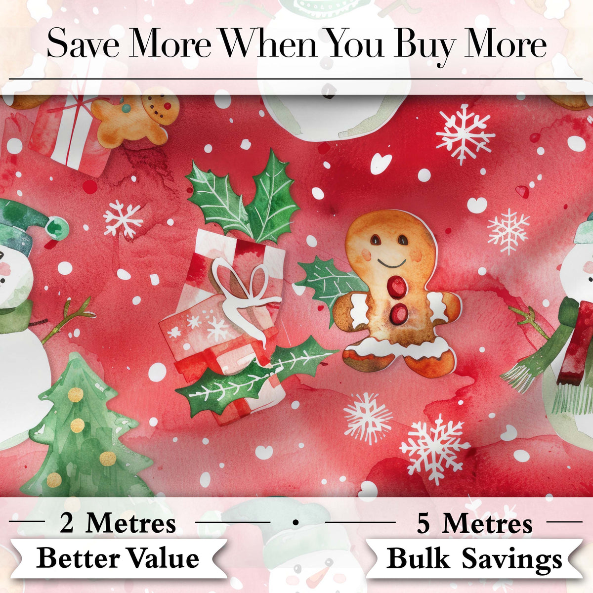 Watercolor Gingerbread Cookie Gift Holly Snowflake Christmas Seamless Pattern Digital Print Fabric by the Metre UK Sewing Quilting Textile