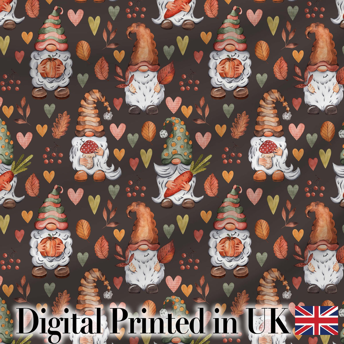 Cute Autumn Gnome Pumpkin Mushroom Leaf Heart Seamless Pattern Digital Print Fabric by the Metre UK Sewing Quilting Textile