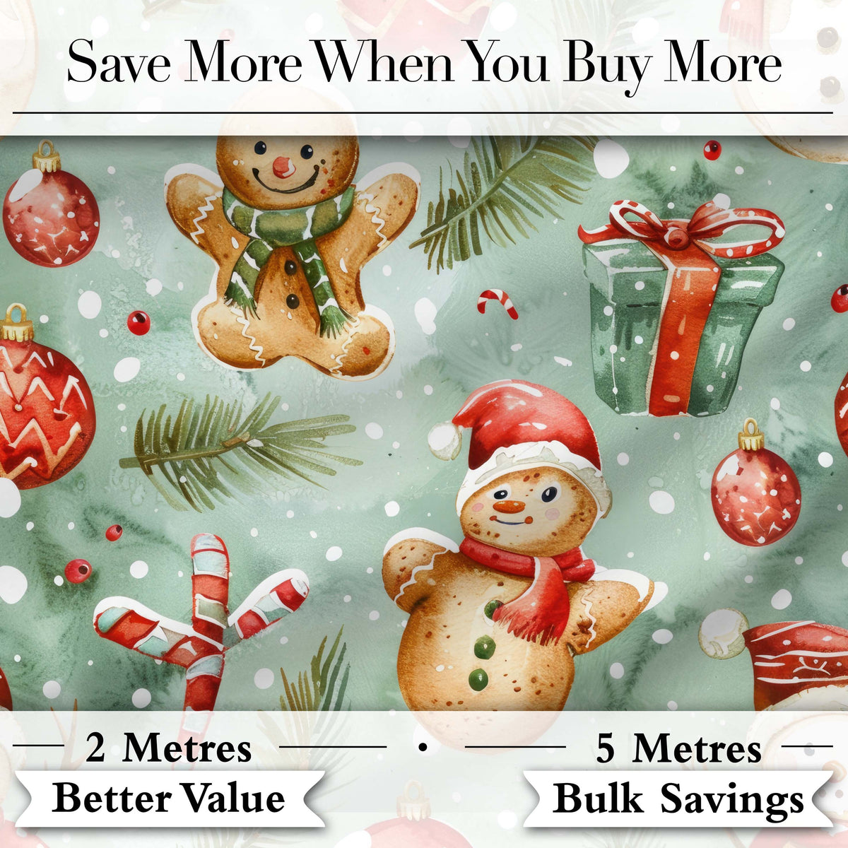 Cute Gingerbread Snowman Candy Cane Gift Holiday Seamless Pattern Digital Print Fabric by the Metre UK Sewing Quilting Textile