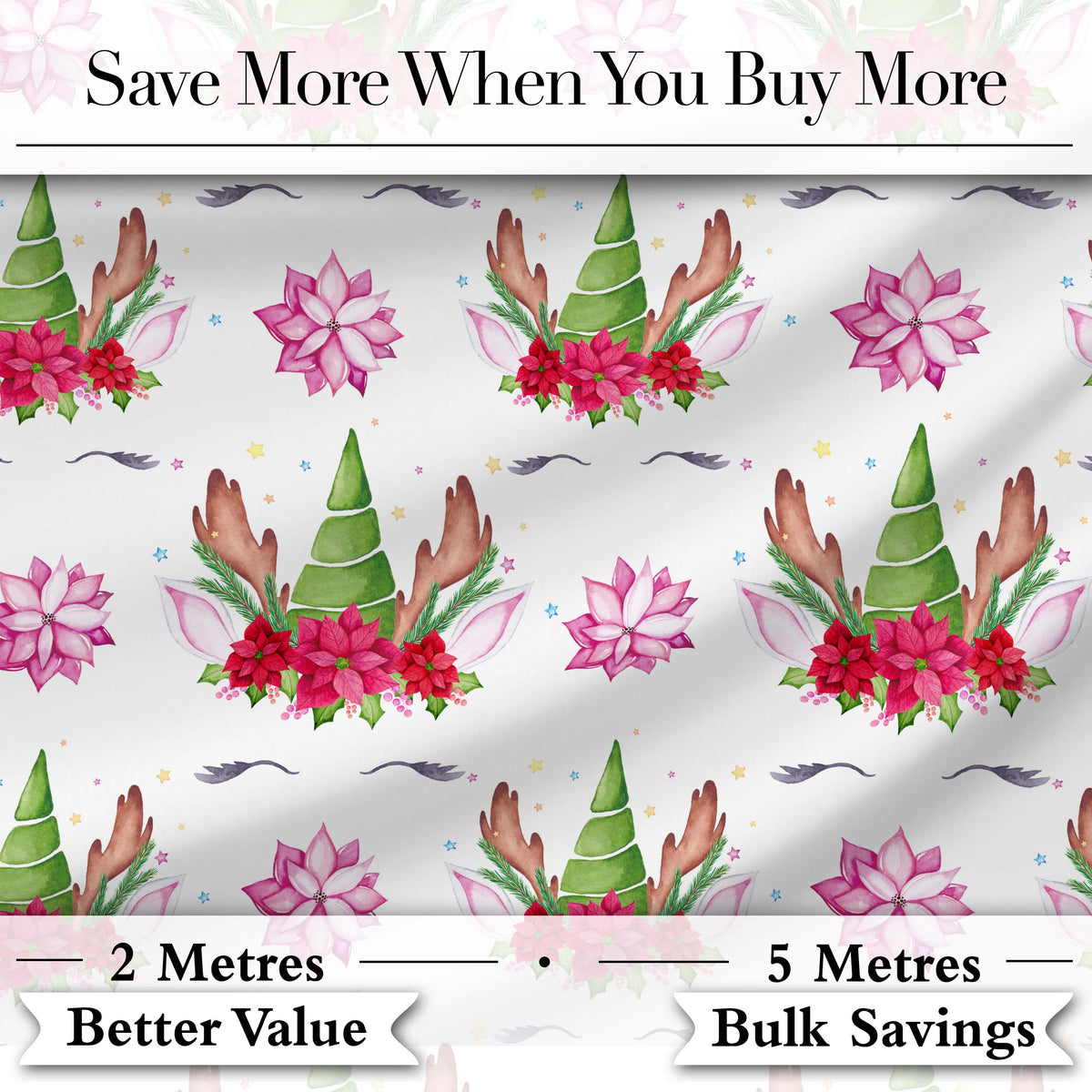 Cute Unicorn Christmas Poinsettia Floral Fantasy Seamless Pattern Digital Print Fabric by the Metre UK Sewing Quilting Textile