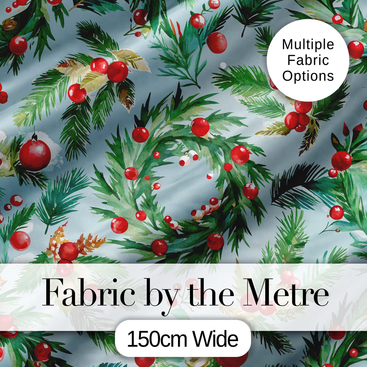 Watercolor Christmas Wreath Holly Berry Pine Branch Seamless Pattern Digital Print Fabric by the Metre UK Sewing Quilting Textile