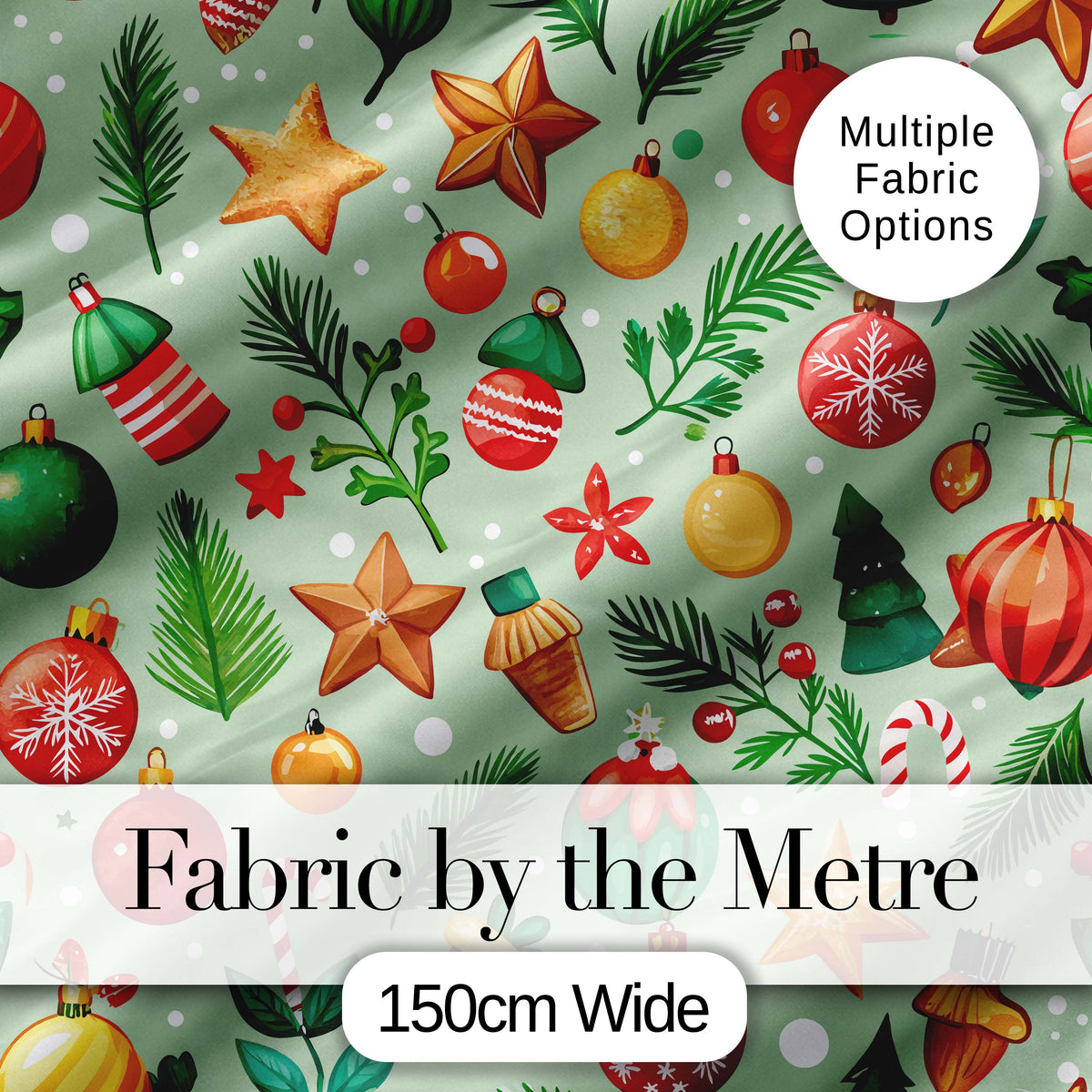 Colorful Christmas Baubles Star Pine Candy Cane Seamless Pattern Digital Print Fabric by the Metre UK Sewing Quilting Textile
