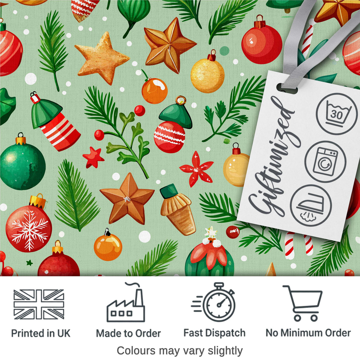 Colorful Christmas Baubles Star Pine Candy Cane Seamless Pattern Digital Print Fabric by the Metre UK Sewing Quilting Textile