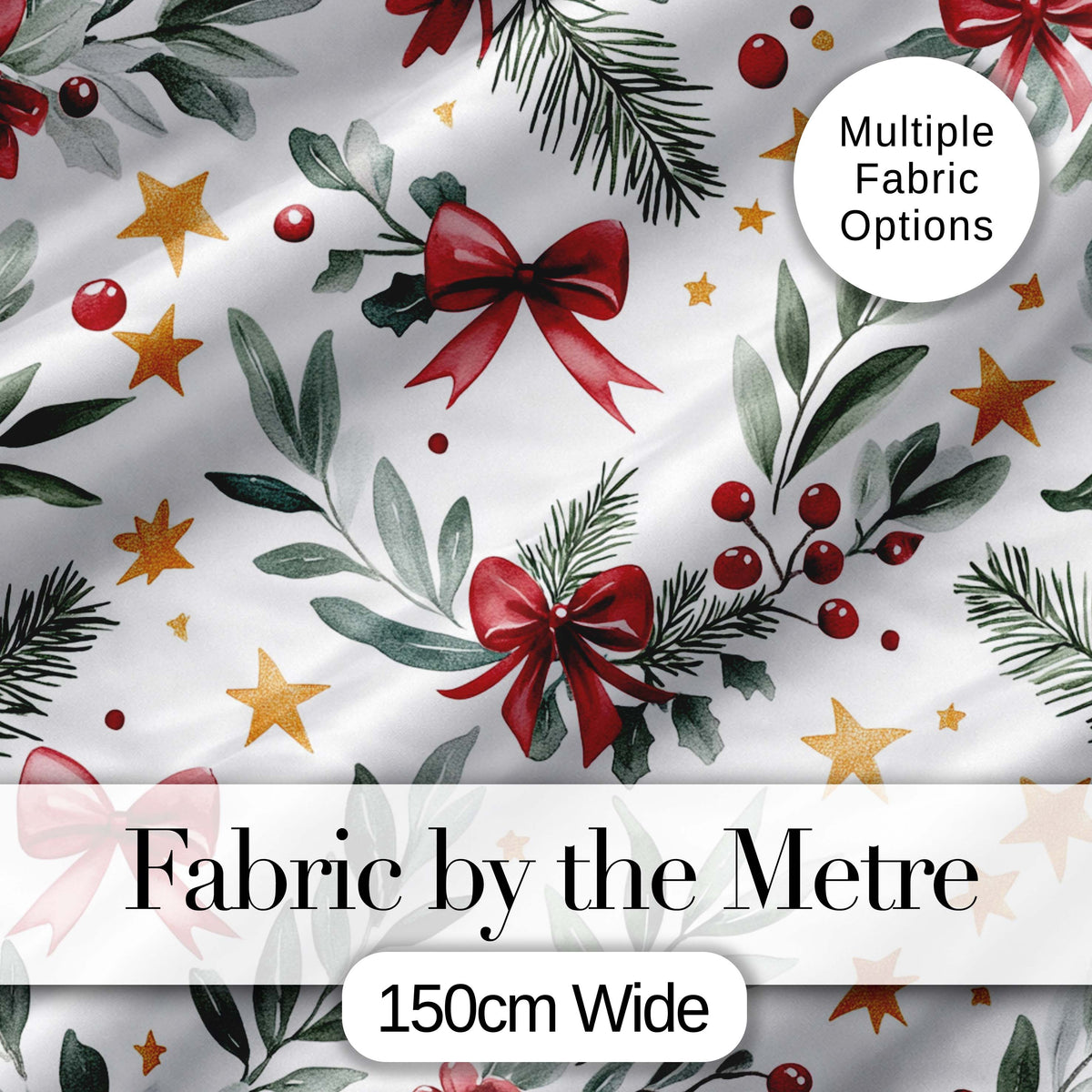 Watercolor Red Bow Gold Star Leaf Berry Holiday Seamless Pattern Digital Print Fabric by the Metre UK Sewing Quilting Textile