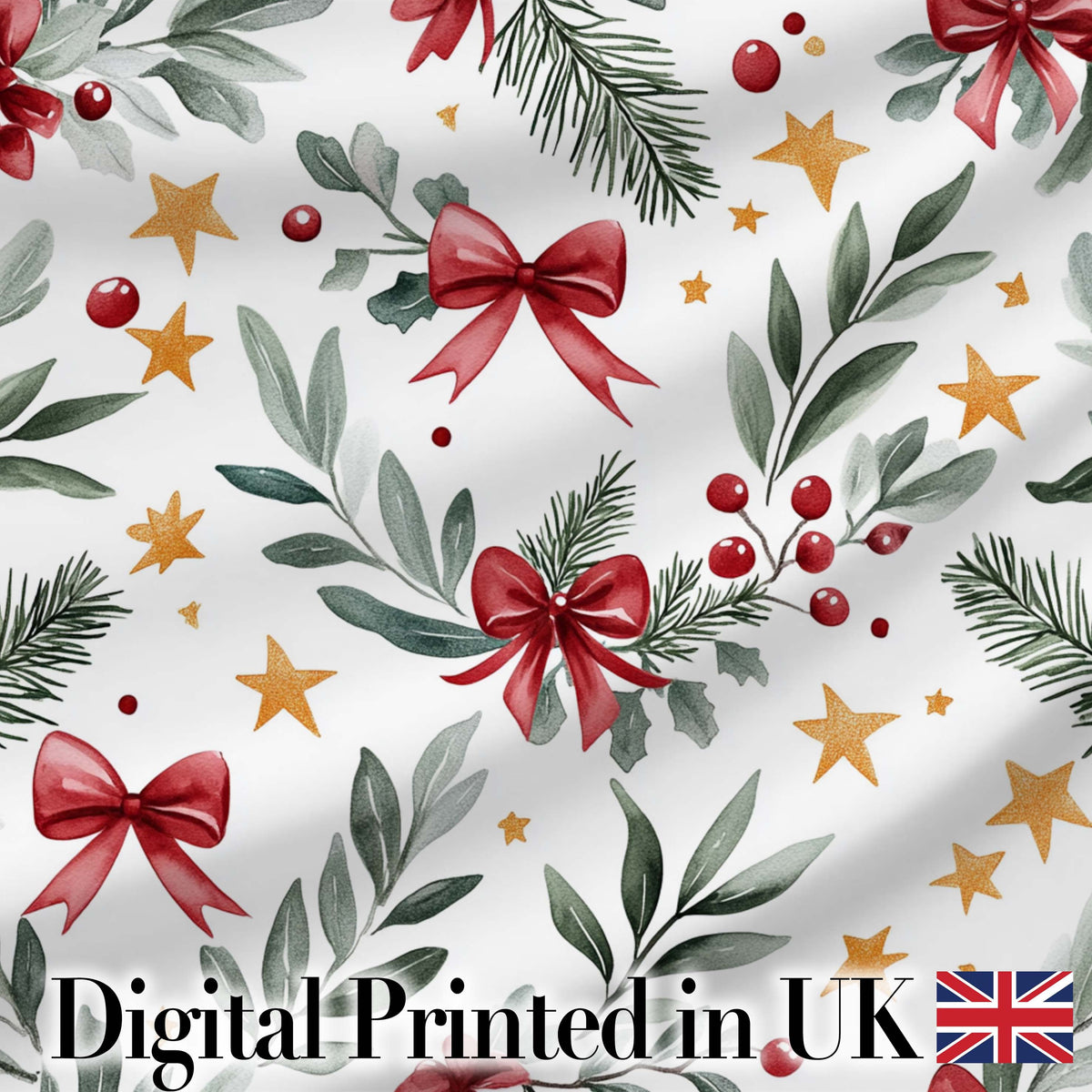 Watercolor Red Bow Gold Star Leaf Berry Holiday Seamless Pattern Digital Print Fabric by the Metre UK Sewing Quilting Textile