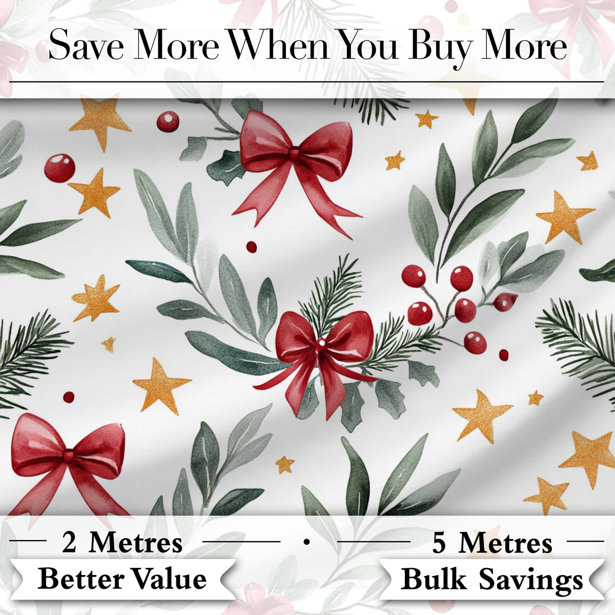 Watercolor Red Bow Gold Star Leaf Berry Holiday Seamless Pattern Digital Print Fabric by the Metre UK Sewing Quilting Textile
