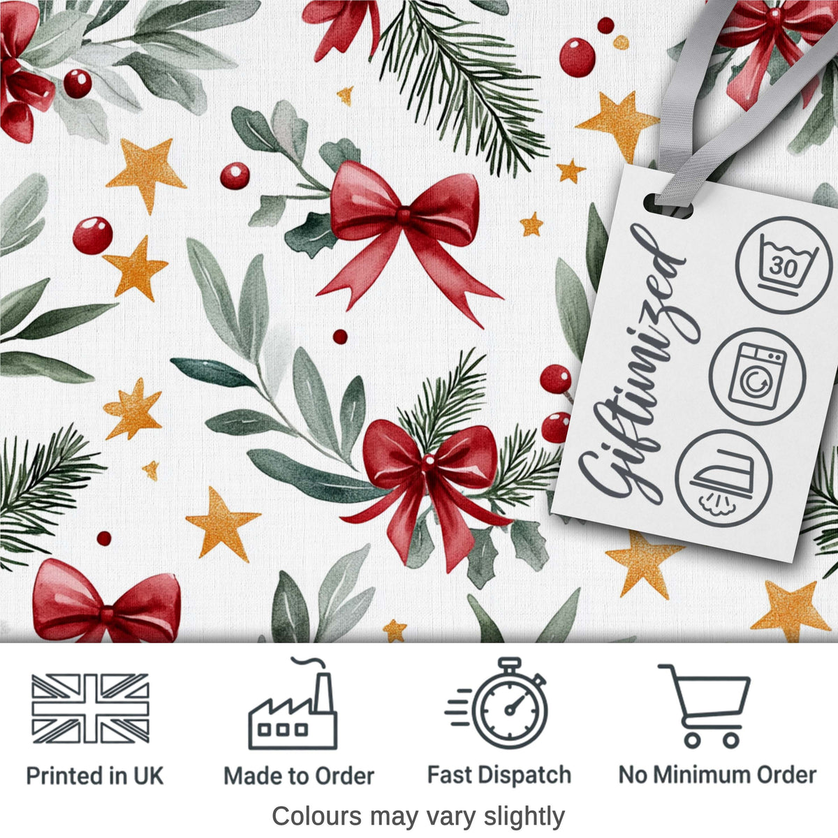 Watercolor Red Bow Gold Star Leaf Berry Holiday Seamless Pattern Digital Print Fabric by the Metre UK Sewing Quilting Textile
