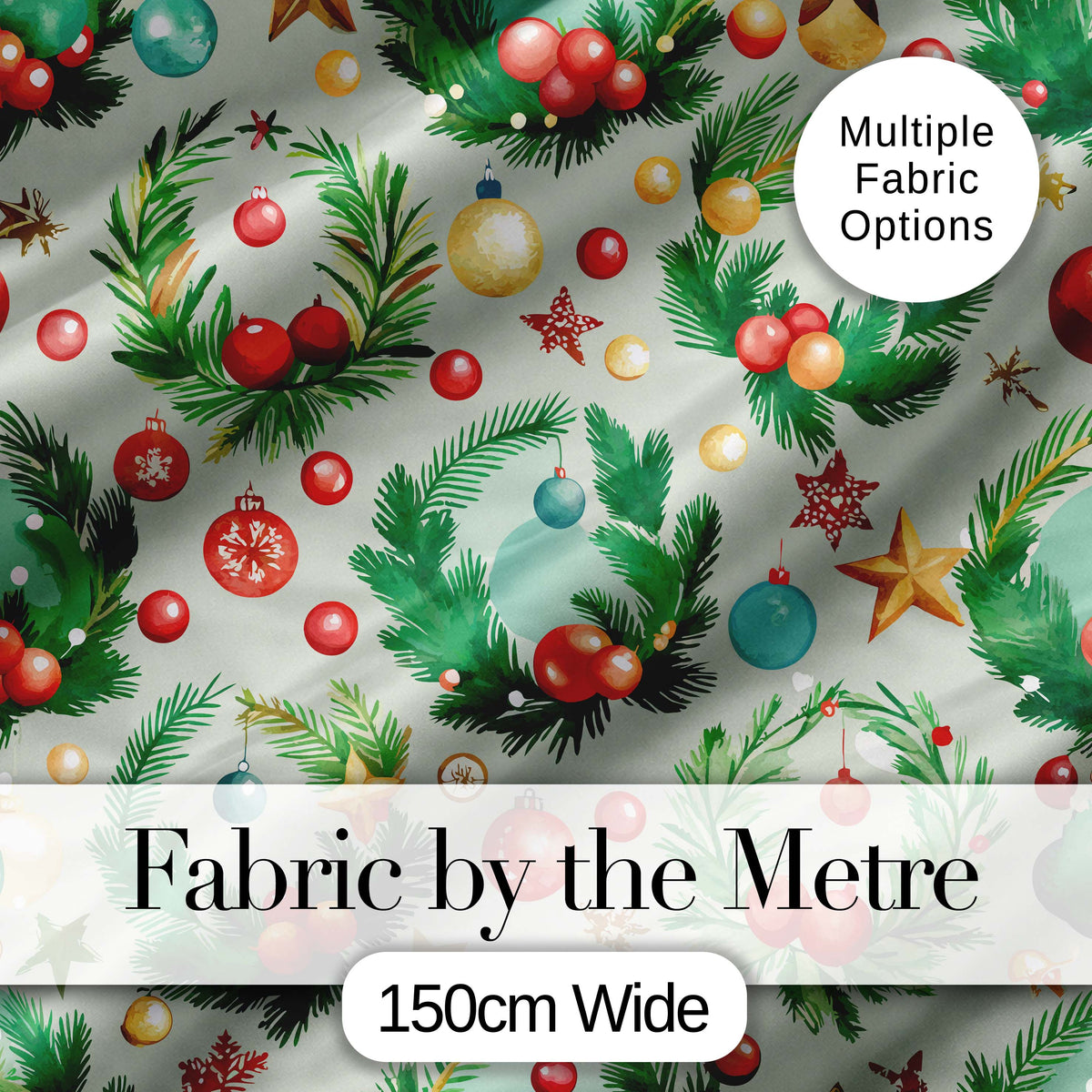 Watercolor Christmas Wreath Ornament Holly Berry Seamless Pattern Digital Print Fabric by the Metre UK Sewing Quilting Textile