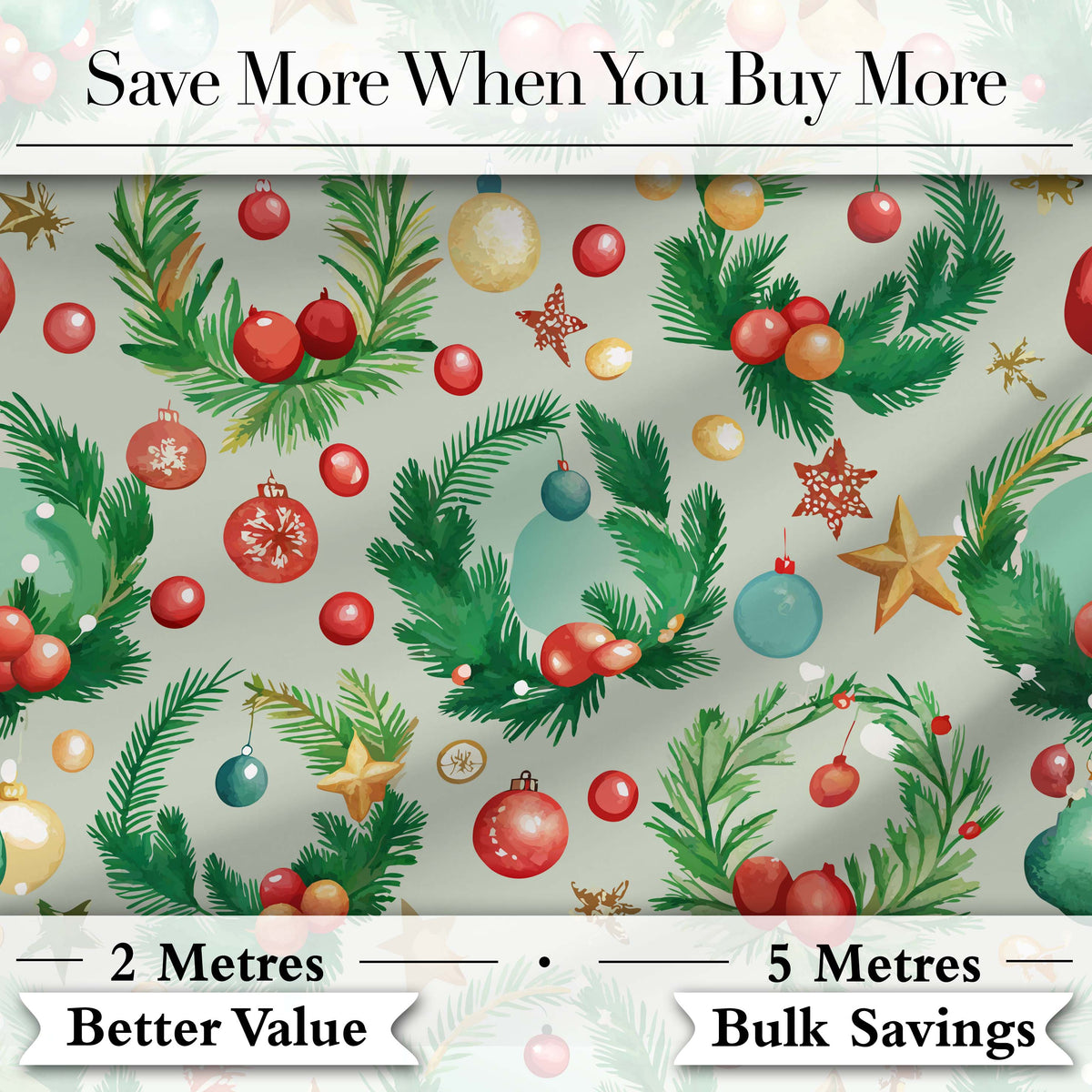 Watercolor Christmas Wreath Ornament Holly Berry Seamless Pattern Digital Print Fabric by the Metre UK Sewing Quilting Textile