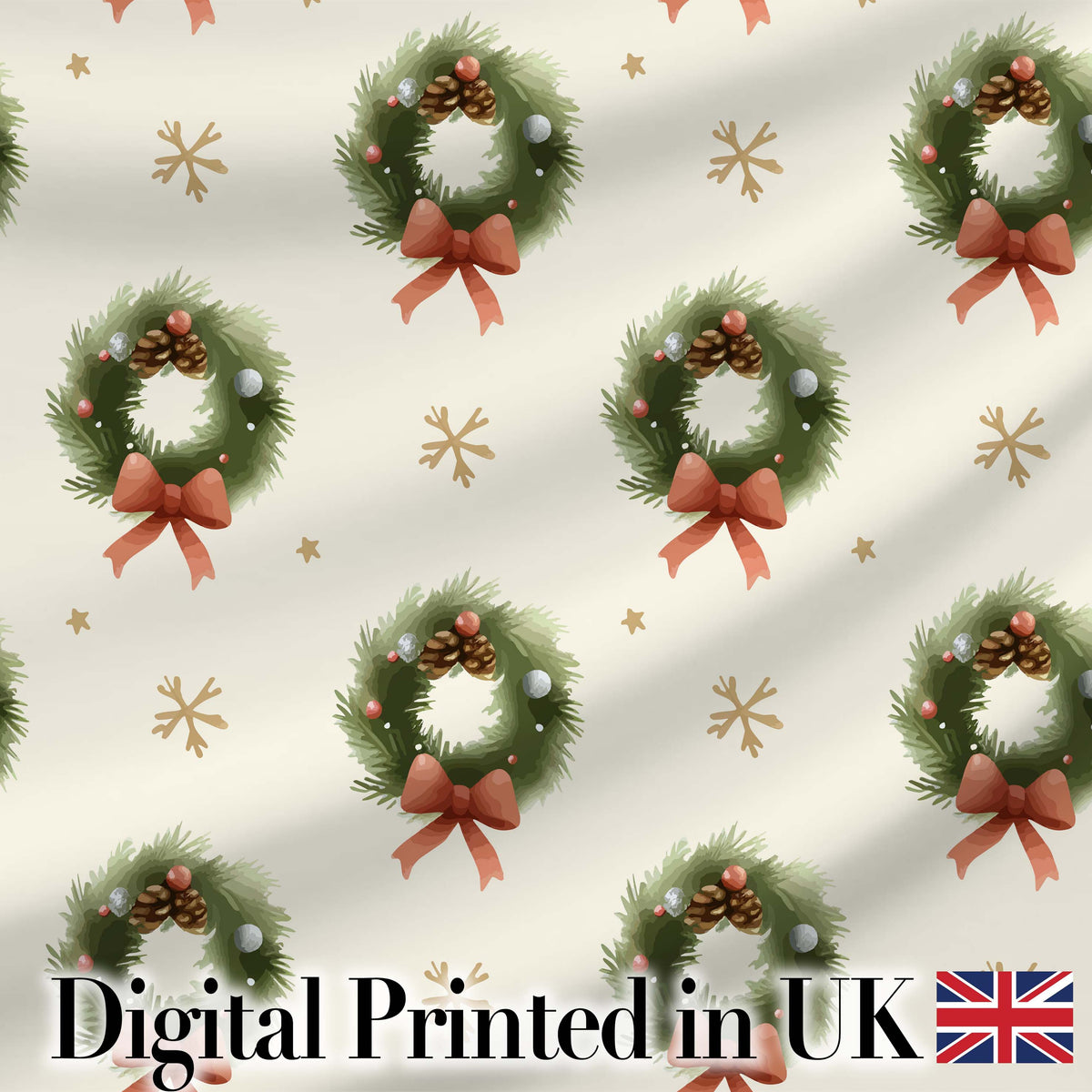 Watercolor Christmas Wreath Bow Pinecone Snowflake Seamless Pattern Digital Print Fabric by the Metre UK Sewing Quilting Textile