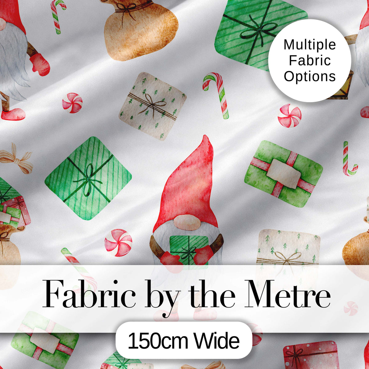 Cute Christmas Gnome Present Candy Cane Holiday Seamless Pattern Digital Print Fabric by the Metre UK Sewing Quilting Textile