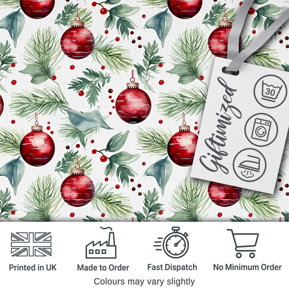 Watercolor Red Bauble Pine Leaf Berry Holiday Seamless Pattern Digital Print Fabric by the Metre UK Sewing Quilting Textile