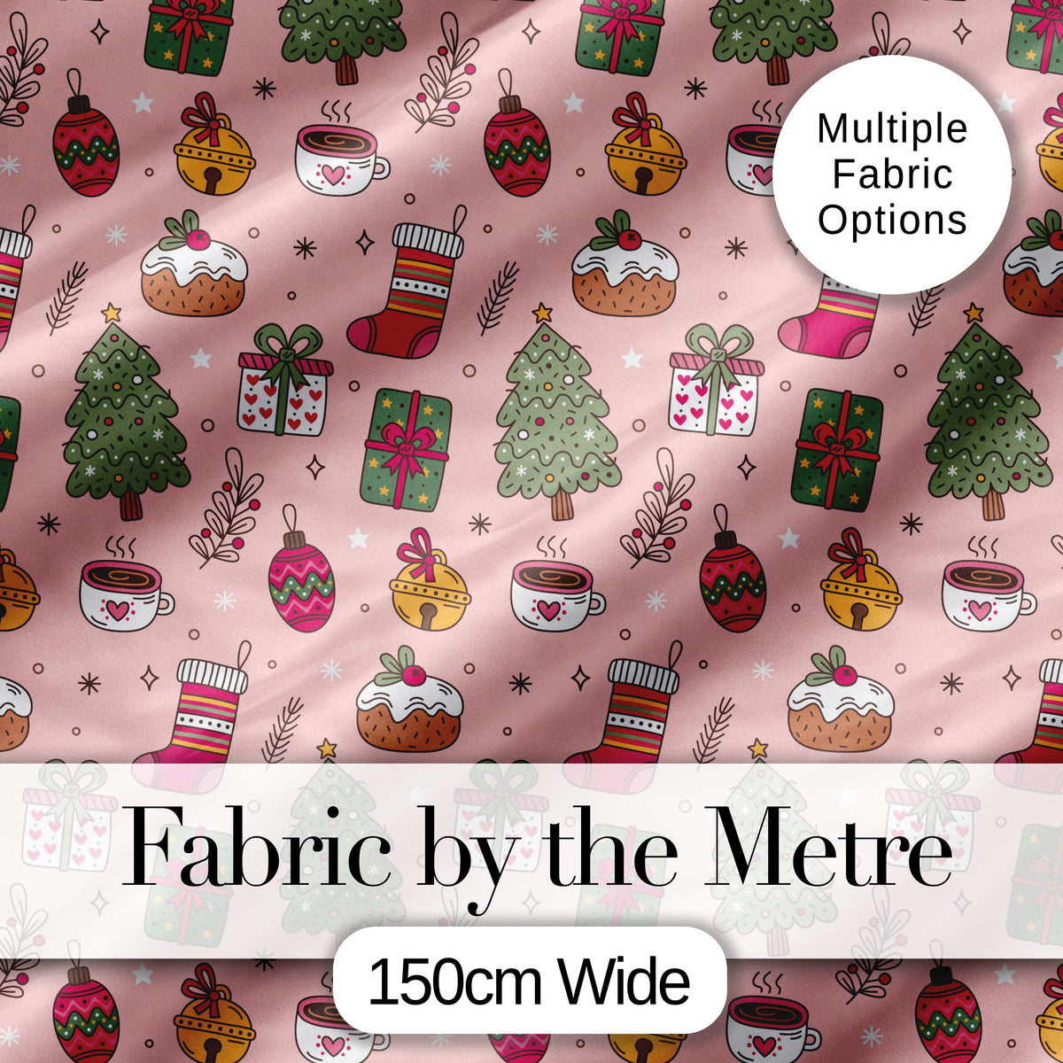 Cute Christmas Tree Cupcake Gift Ornament Pink Seamless Pattern Digital Print Fabric by the Metre UK Sewing Quilting Textile