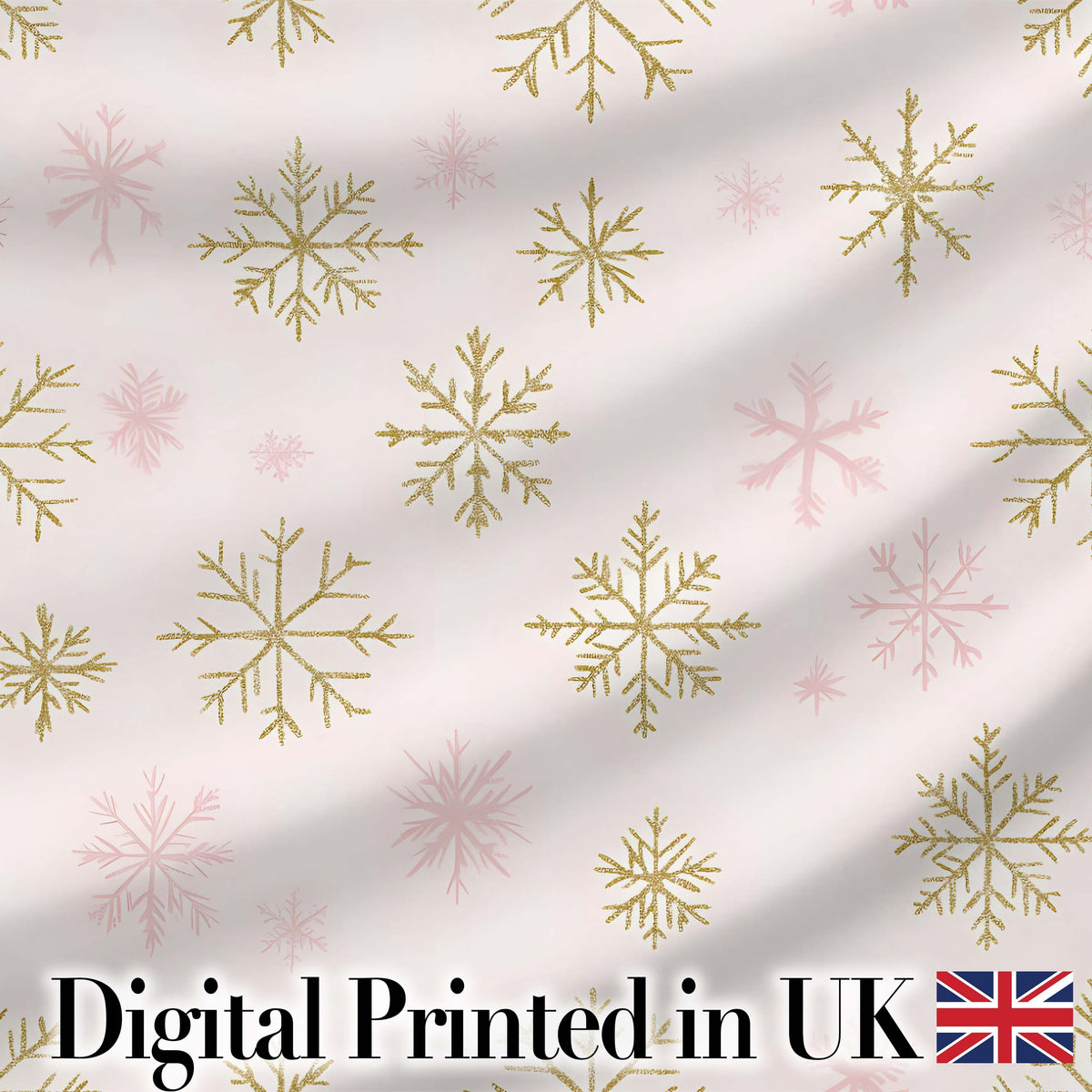 Elegant Gold Snowflake Pink Winter Festive Seamless Pattern Digital Print Fabric by the Metre UK Sewing Quilting Textile
