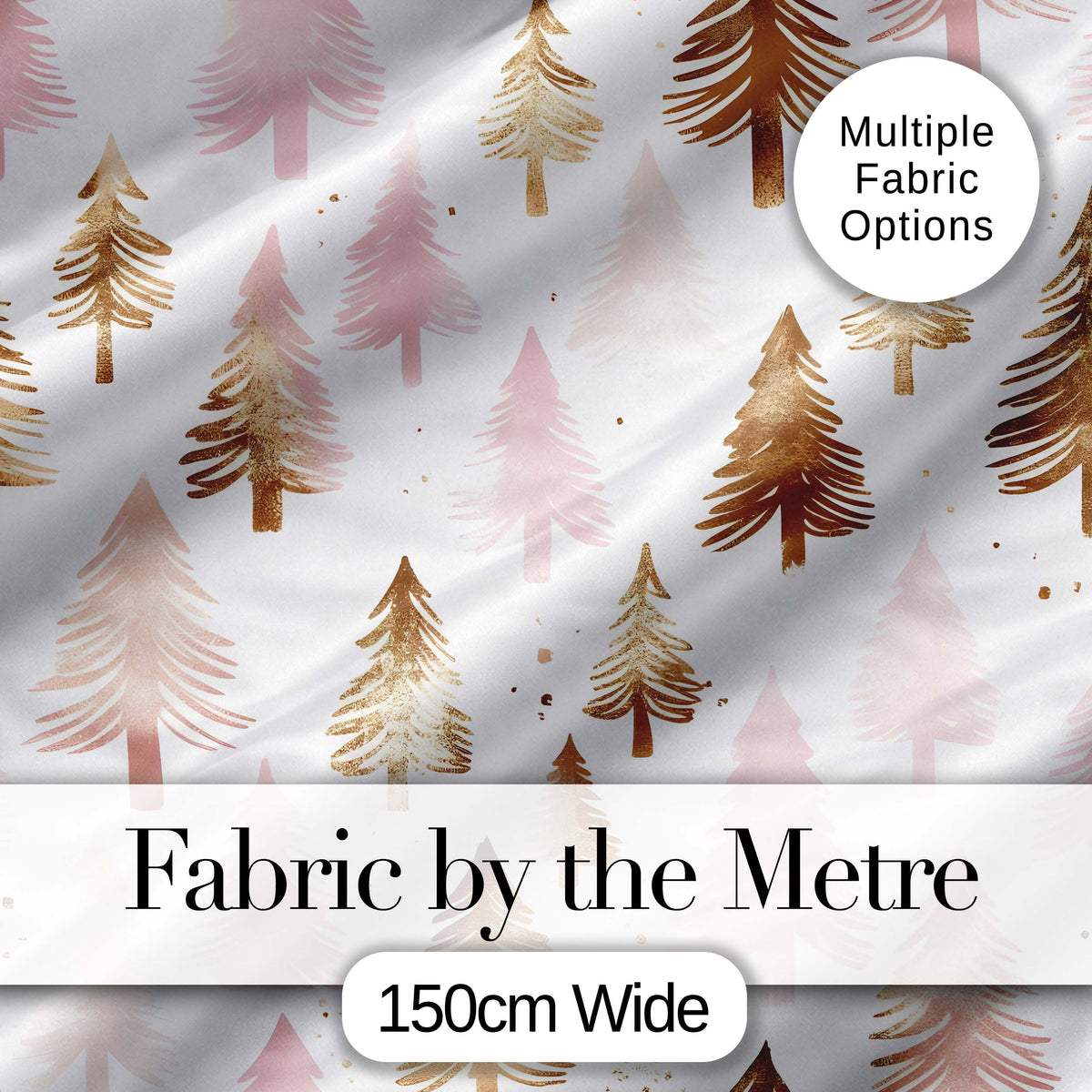 Elegant Pink and Gold Christmas Tree Watercolor Seamless Pattern Digital Print Fabric by the Metre UK Sewing Quilting Textile