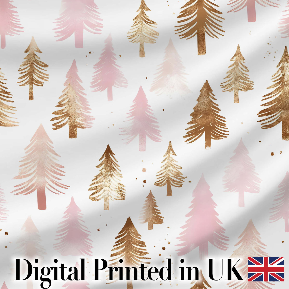 Elegant Pink and Gold Christmas Tree Watercolor Seamless Pattern Digital Print Fabric by the Metre UK Sewing Quilting Textile