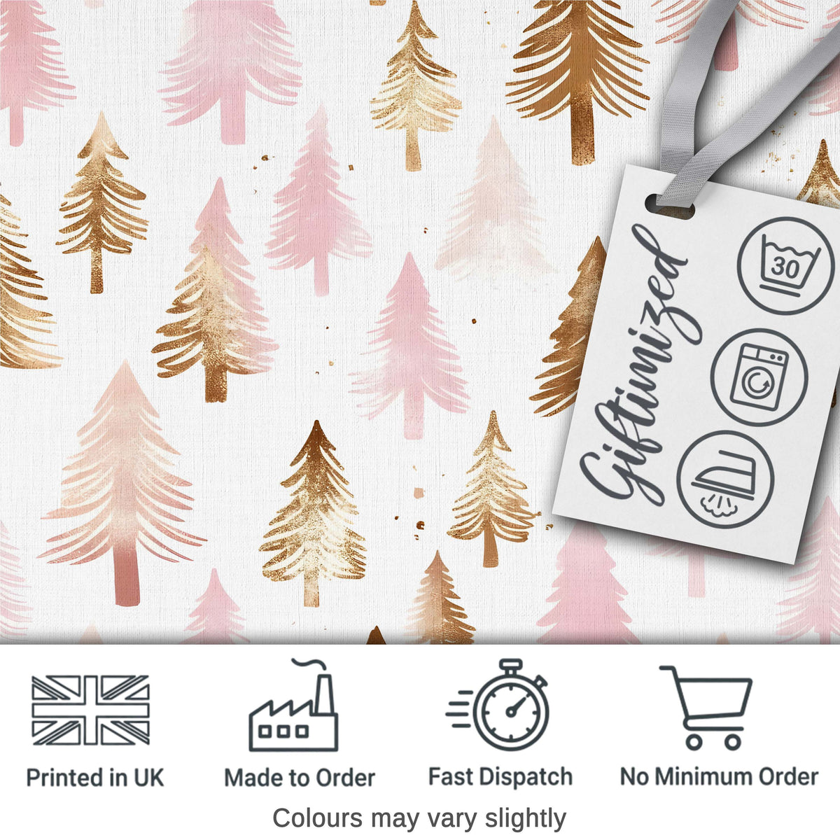 Elegant Pink and Gold Christmas Tree Watercolor Seamless Pattern Digital Print Fabric by the Metre UK Sewing Quilting Textile