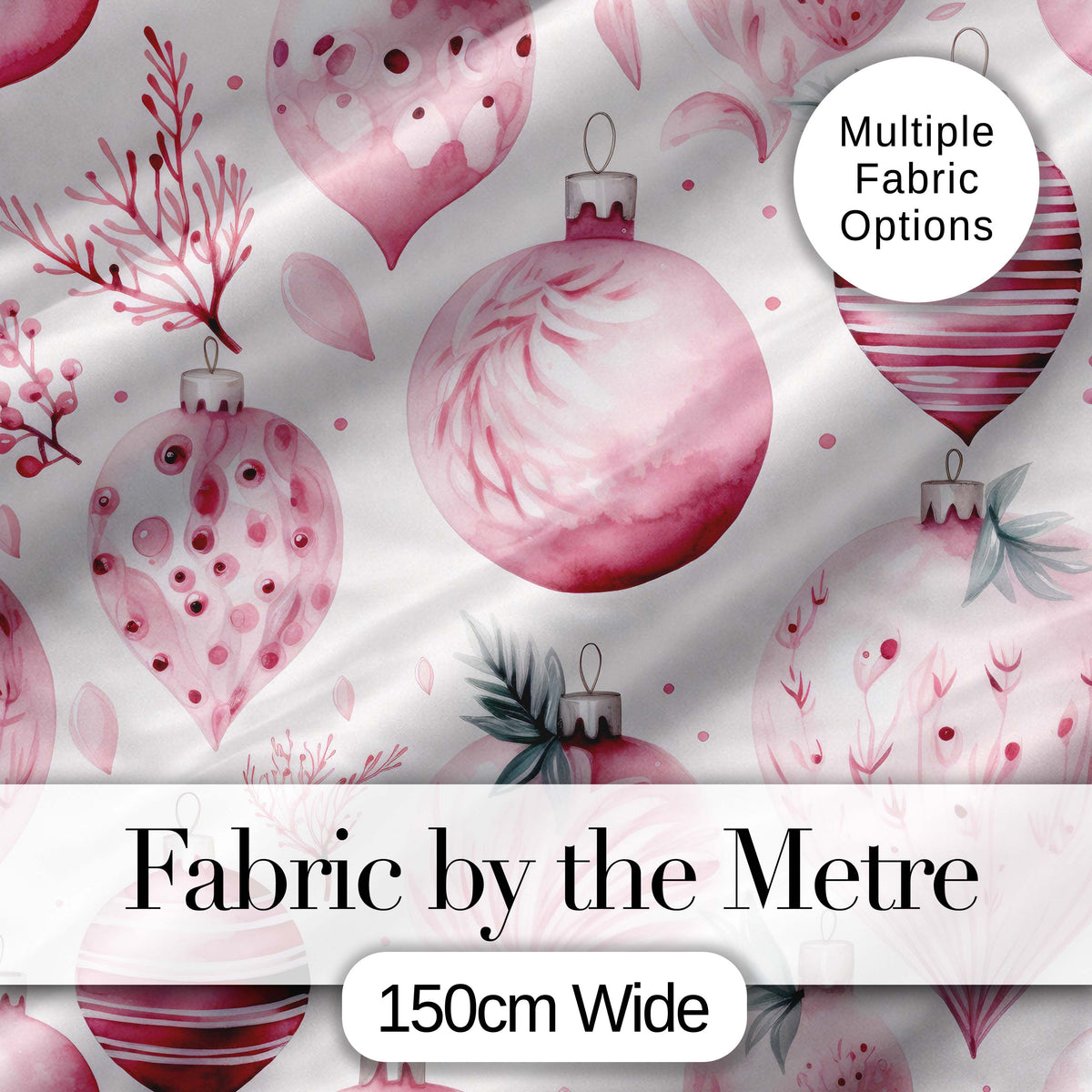 Elegant Pink Watercolor Christmas Baubles Seamless Pattern Digital Print Fabric by the Metre UK Sewing Quilting Textile