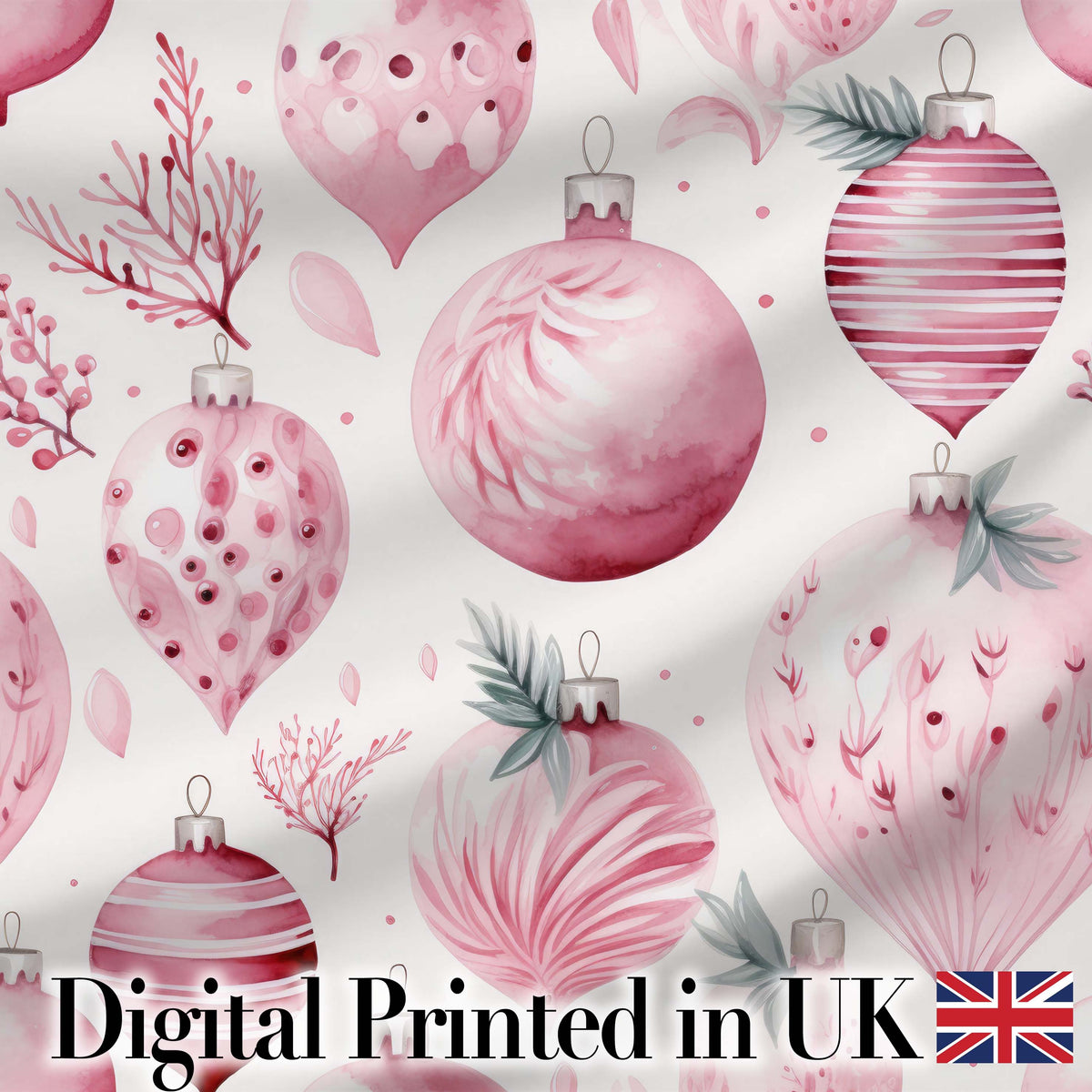 Elegant Pink Watercolor Christmas Baubles Seamless Pattern Digital Print Fabric by the Metre UK Sewing Quilting Textile