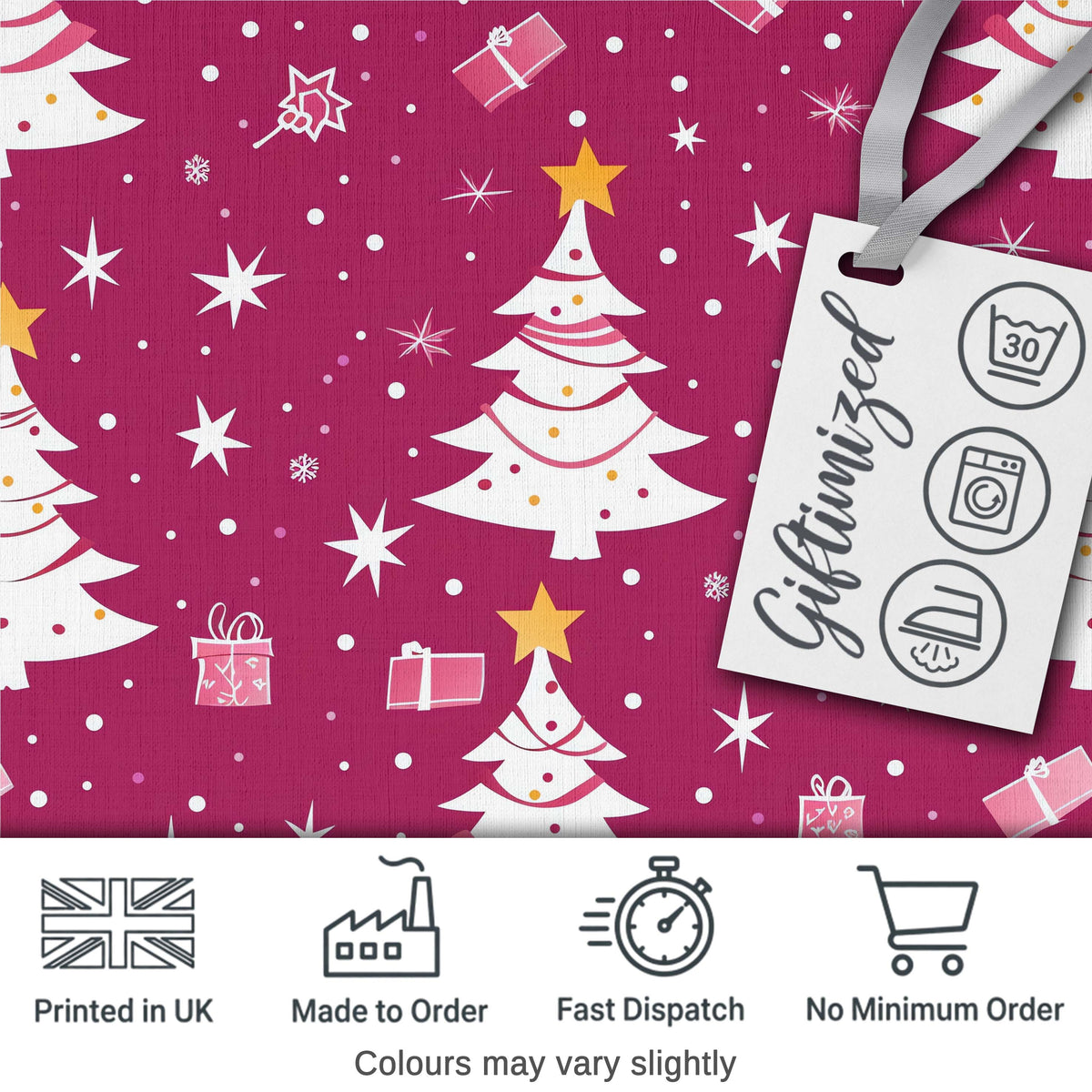 White Christmas Tree Stars Gift Pink Background Seamless Pattern Digital Print Fabric by the Metre UK Sewing Quilting Textile
