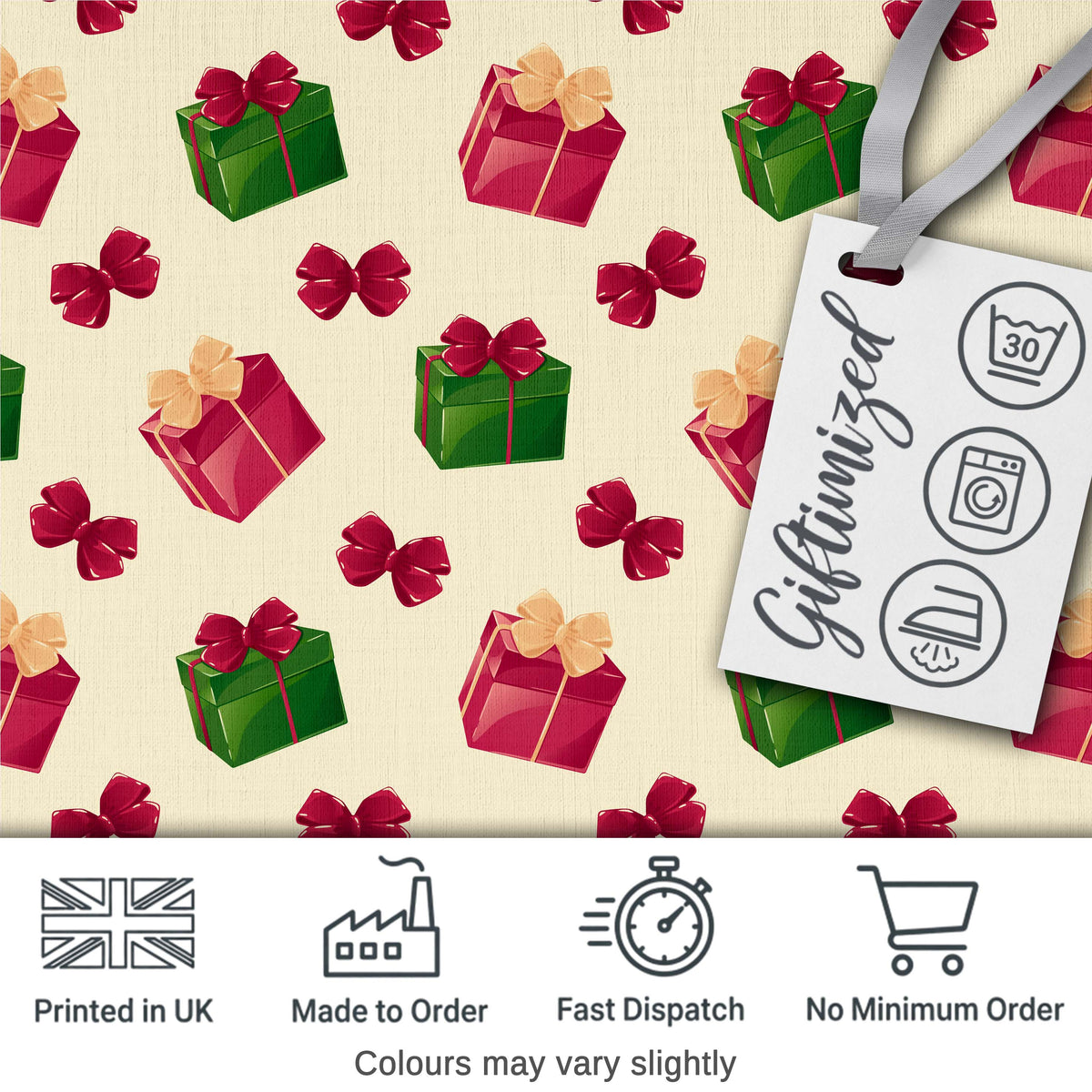 Christmas Gift Boxes Bows Red Green Holiday Seamless Pattern Digital Print Fabric by the Metre UK Sewing Quilting Textile