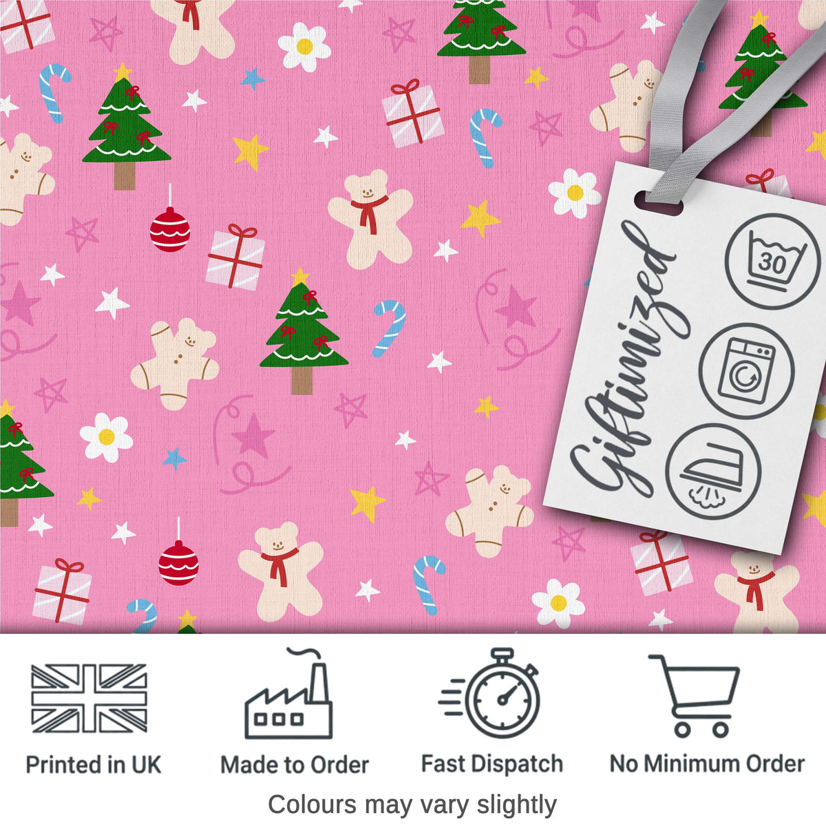 Cute Christmas Teddy Gingerbread Tree Candy Seamless Pattern Digital Print Fabric by the Metre UK Sewing Quilting Textile
