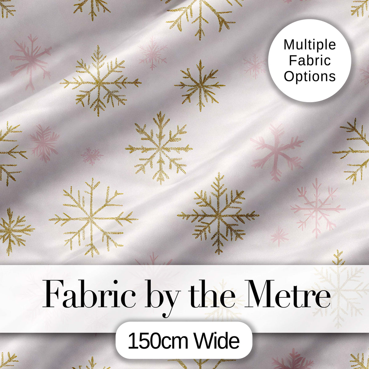Elegant Gold Snowflake White Pink Seamless Pattern Digital Print Fabric by the Metre UK Sewing Quilting Textile