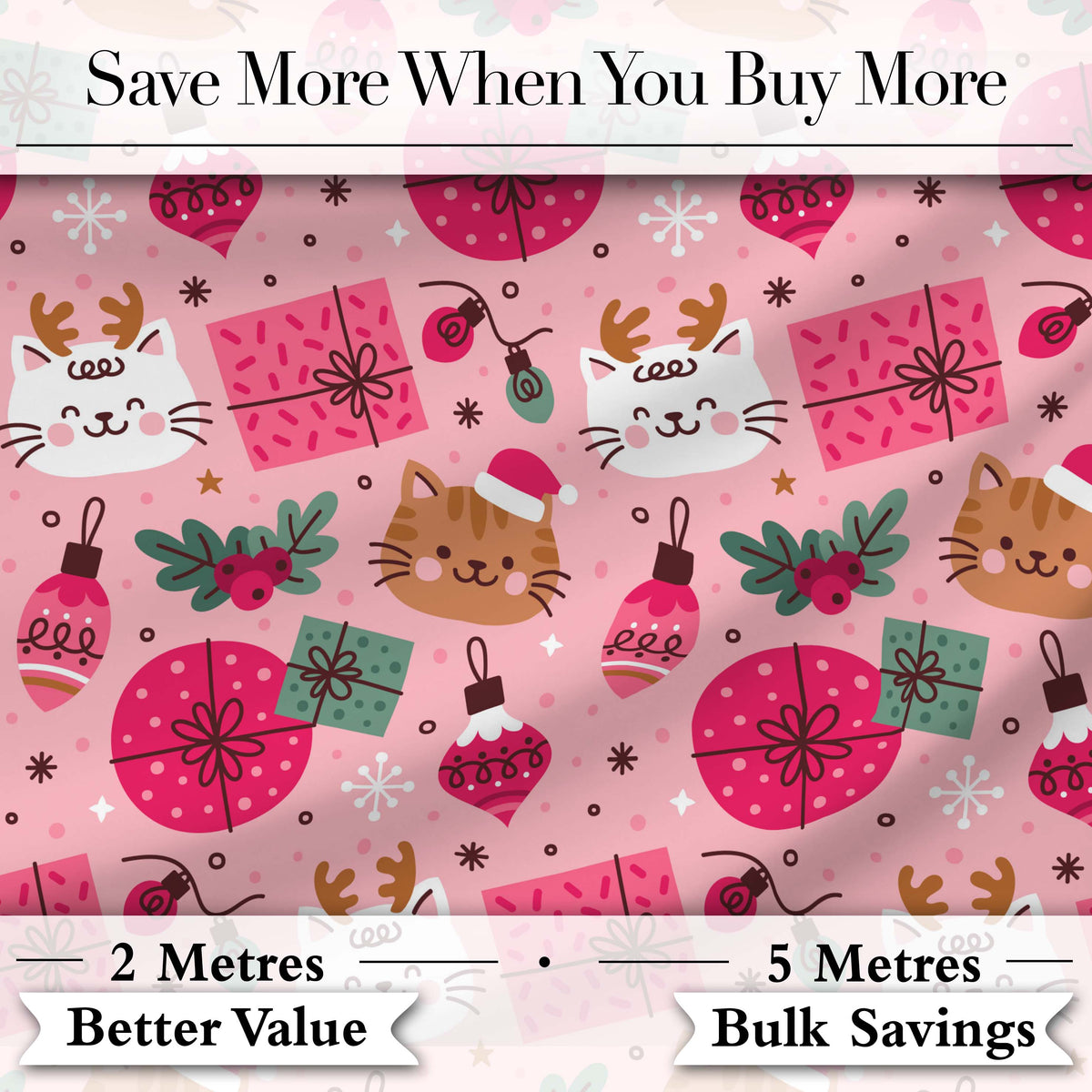 Cute Christmas Cats Gifts Baubles Festive Seamless Pattern Digital Print Fabric by the Metre UK Sewing Quilting Textile