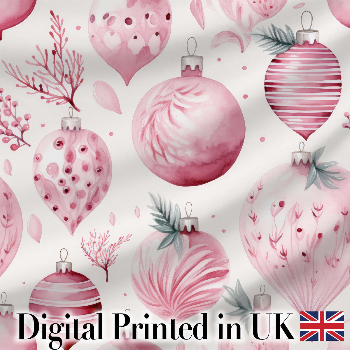 Elegant Pink Christmas Baubles Watercolor Seamless Pattern Digital Print Fabric by the Metre UK Sewing Quilting Textile