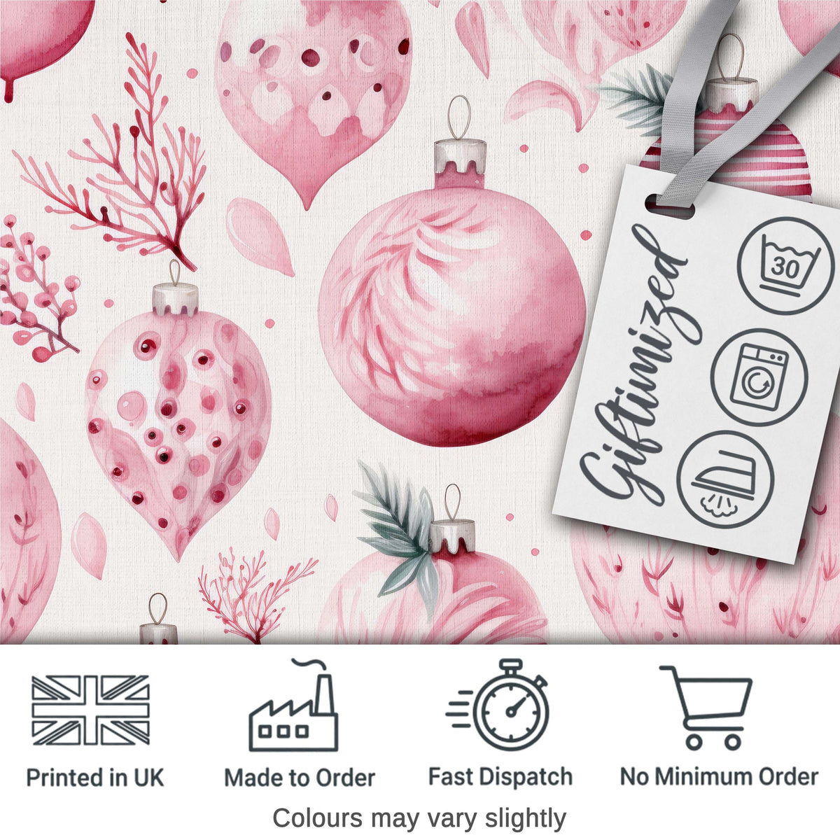 Elegant Pink Christmas Baubles Watercolor Seamless Pattern Digital Print Fabric by the Metre UK Sewing Quilting Textile