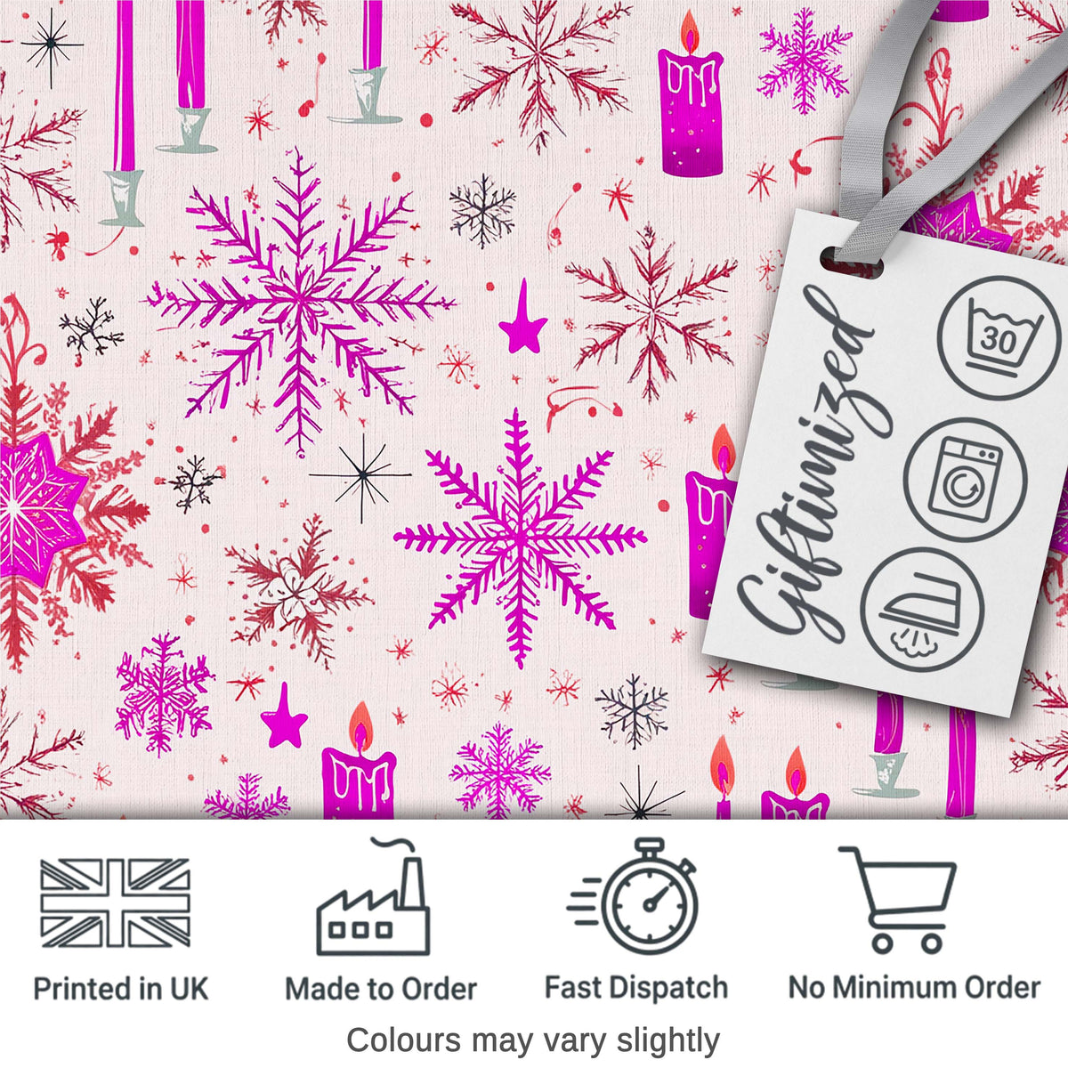 Pink Candle Snowflake Winter Festive Seamless Pattern Digital Print Fabric by the Metre UK Sewing Quilting Textile