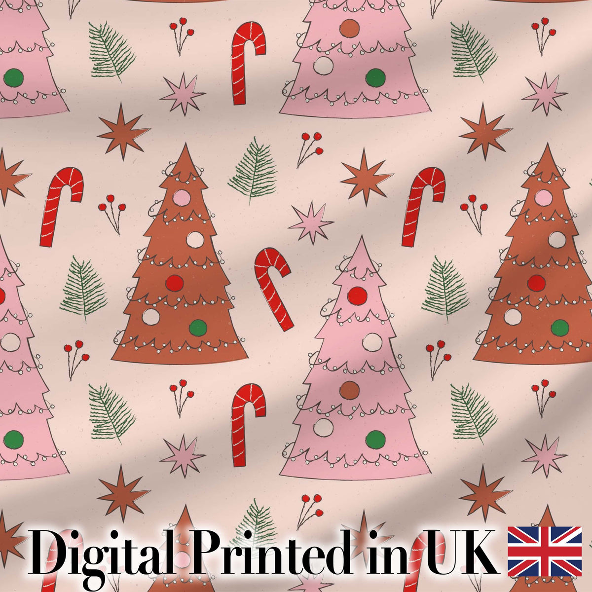 Scandi Style Christmas Tree Candy Cane Seamless Pattern Digital Print Fabric by the Metre UK Sewing Quilting Textile