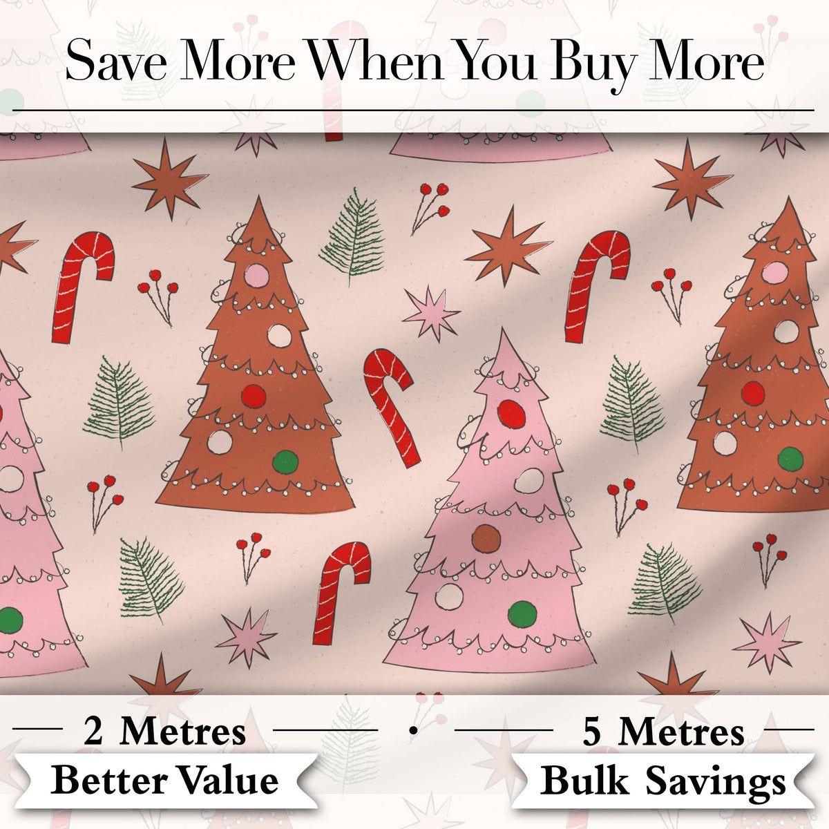 Scandi Style Christmas Tree Candy Cane Seamless Pattern Digital Print Fabric by the Metre UK Sewing Quilting Textile