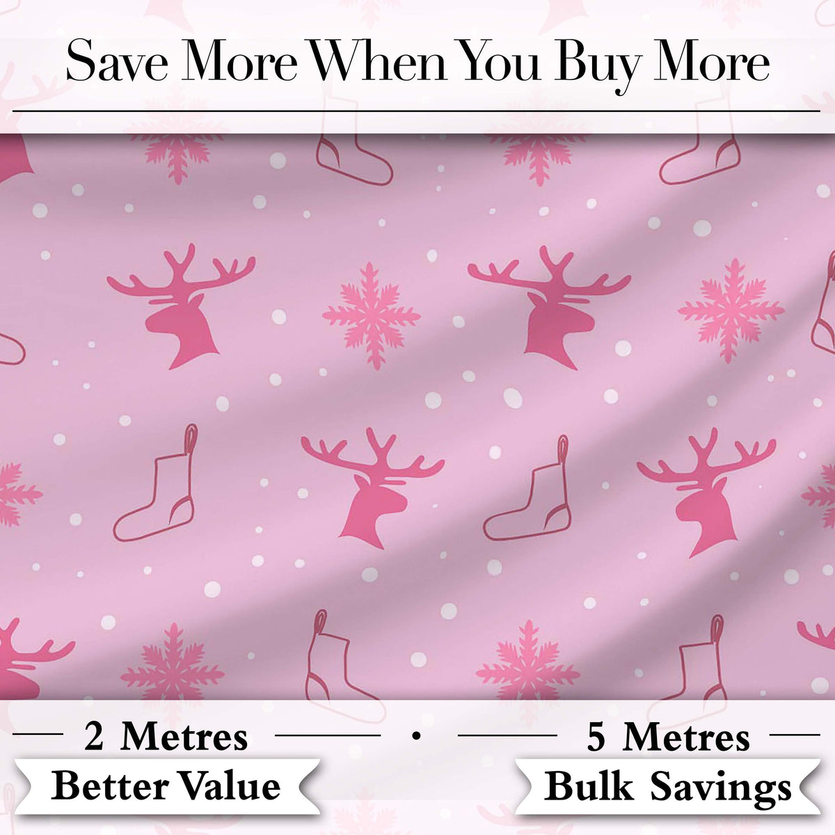 Cute Reindeer Snowflake Stocking Pink Seamless Pattern Digital Print Fabric by the Metre UK Sewing Quilting Textile