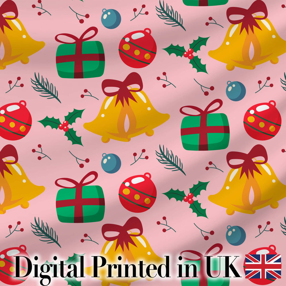 Cute Christmas Bells Baubles Holly Gift Seamless Pattern Digital Print Fabric by the Metre UK Sewing Quilting Textile
