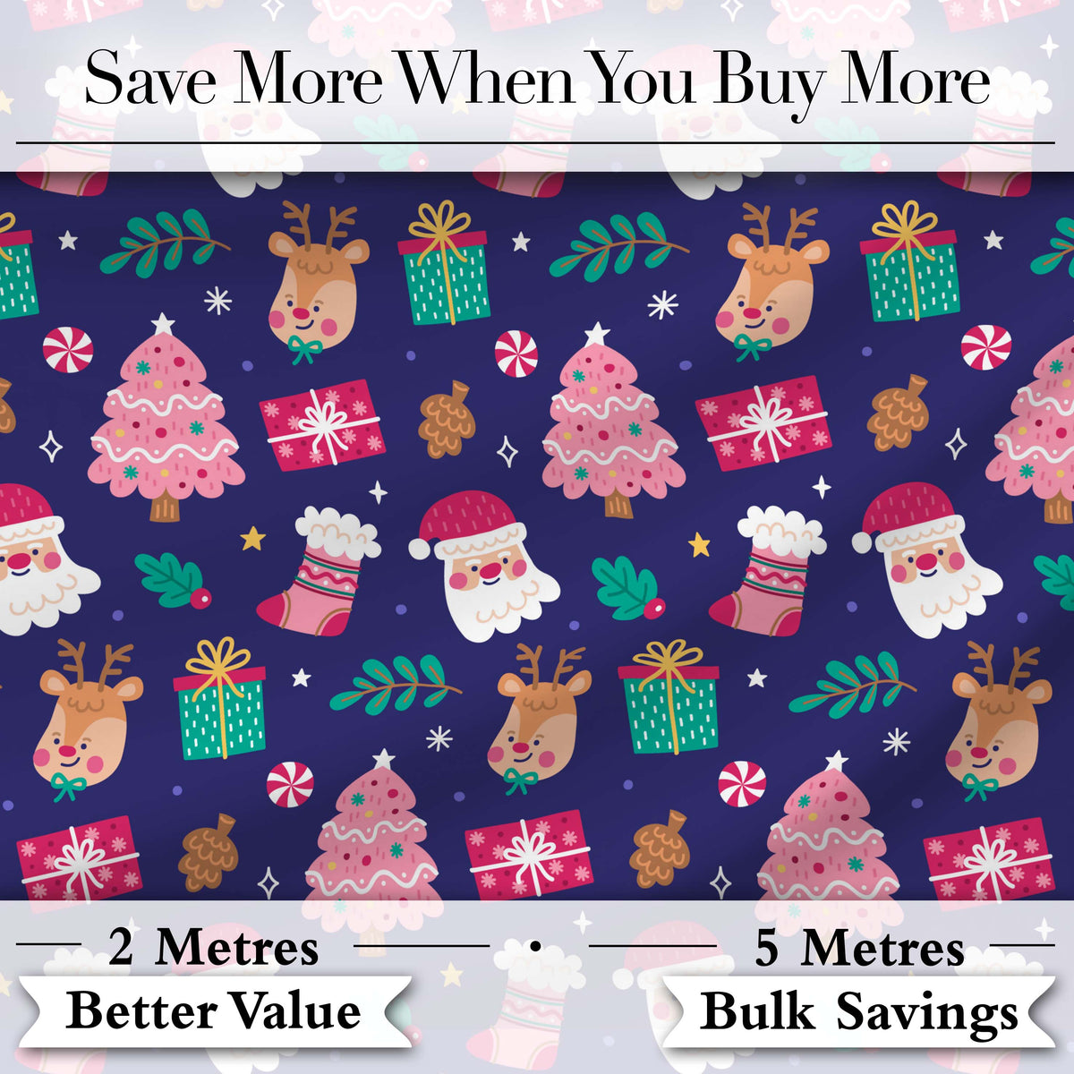 Cute Santa Reindeer Christmas Tree Gift Seamless Pattern Digital Print Fabric by the Metre UK Sewing Quilting Textile