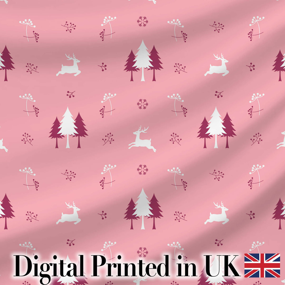 Minimal Reindeer Tree Winter Floral Pink Seamless Pattern Digital Print Fabric by the Metre UK Sewing Quilting Textile