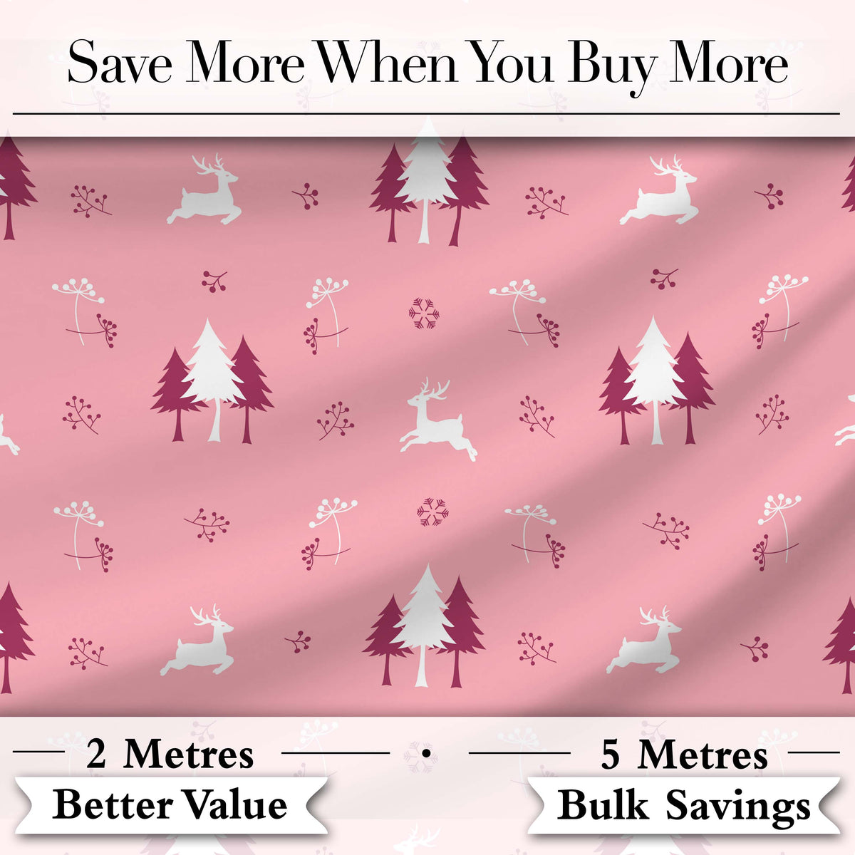 Minimal Reindeer Tree Winter Floral Pink Seamless Pattern Digital Print Fabric by the Metre UK Sewing Quilting Textile