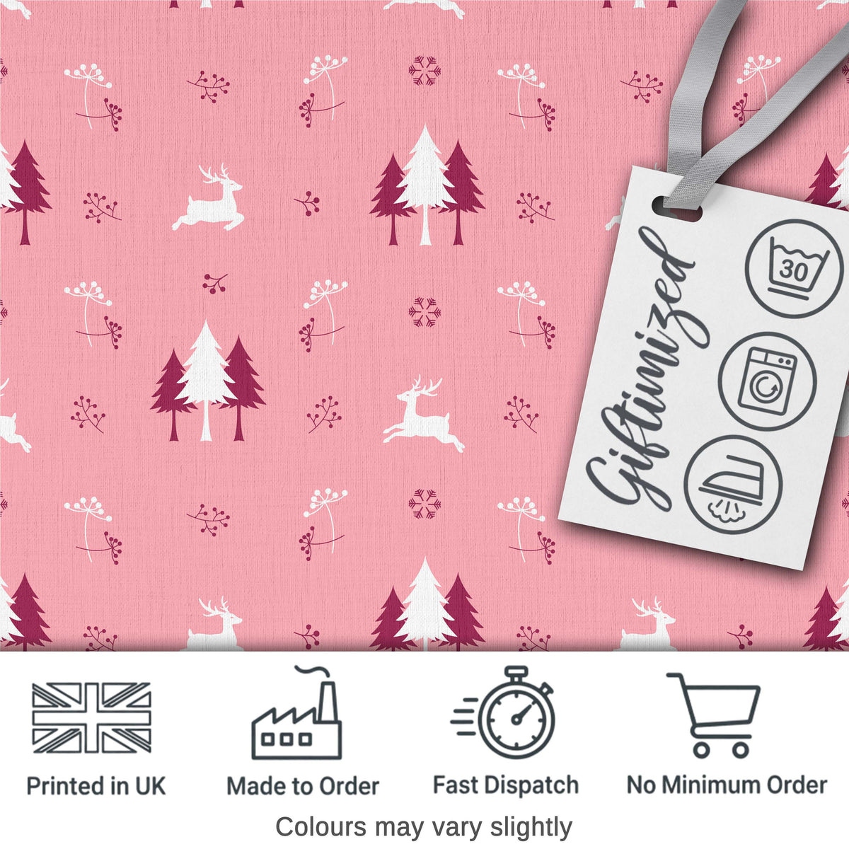 Minimal Reindeer Tree Winter Floral Pink Seamless Pattern Digital Print Fabric by the Metre UK Sewing Quilting Textile