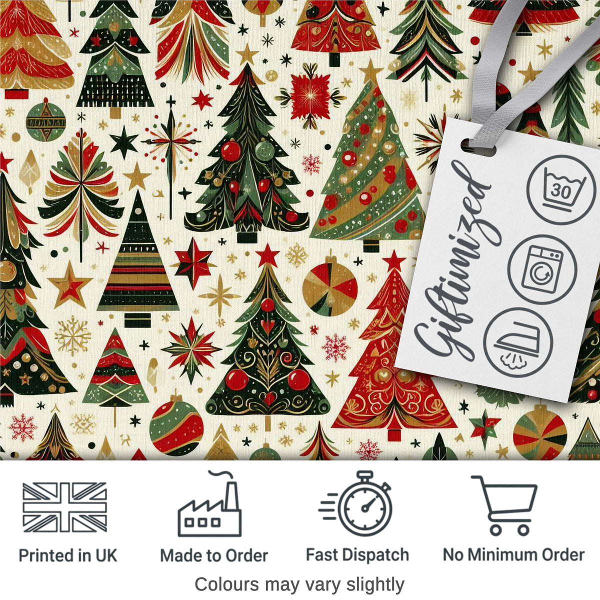 Vintage Christmas Tree Ornament Festive Seamless Pattern Digital Print Fabric by the Metre UK Sewing Quilting Textile