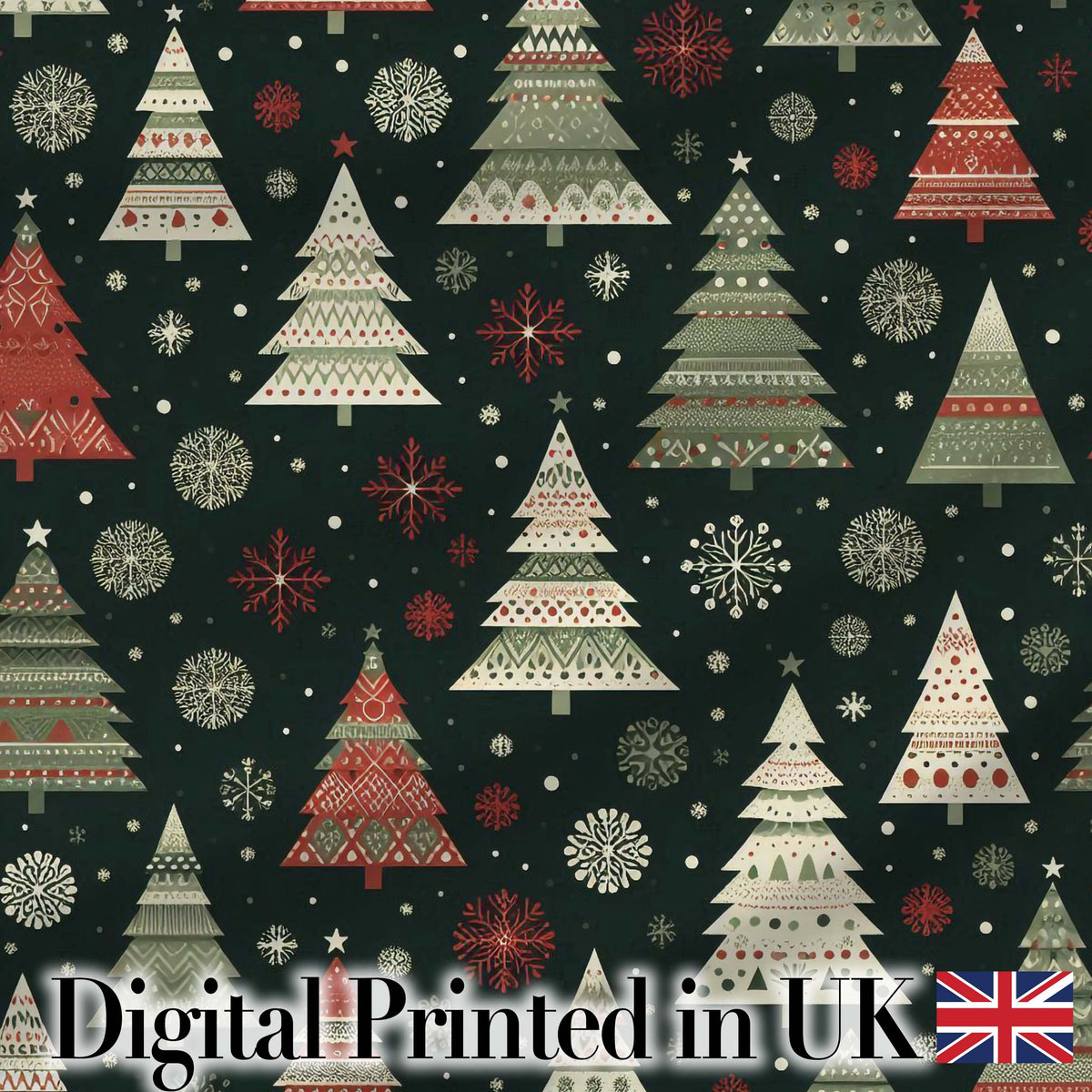 Cute Festive Christmas Trees Snowflake Night Seamless Pattern Digital Print Fabric by the Metre UK Sewing Quilting Textile
