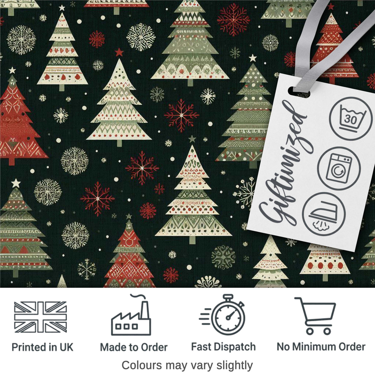 Cute Festive Christmas Trees Snowflake Night Seamless Pattern Digital Print Fabric by the Metre UK Sewing Quilting Textile