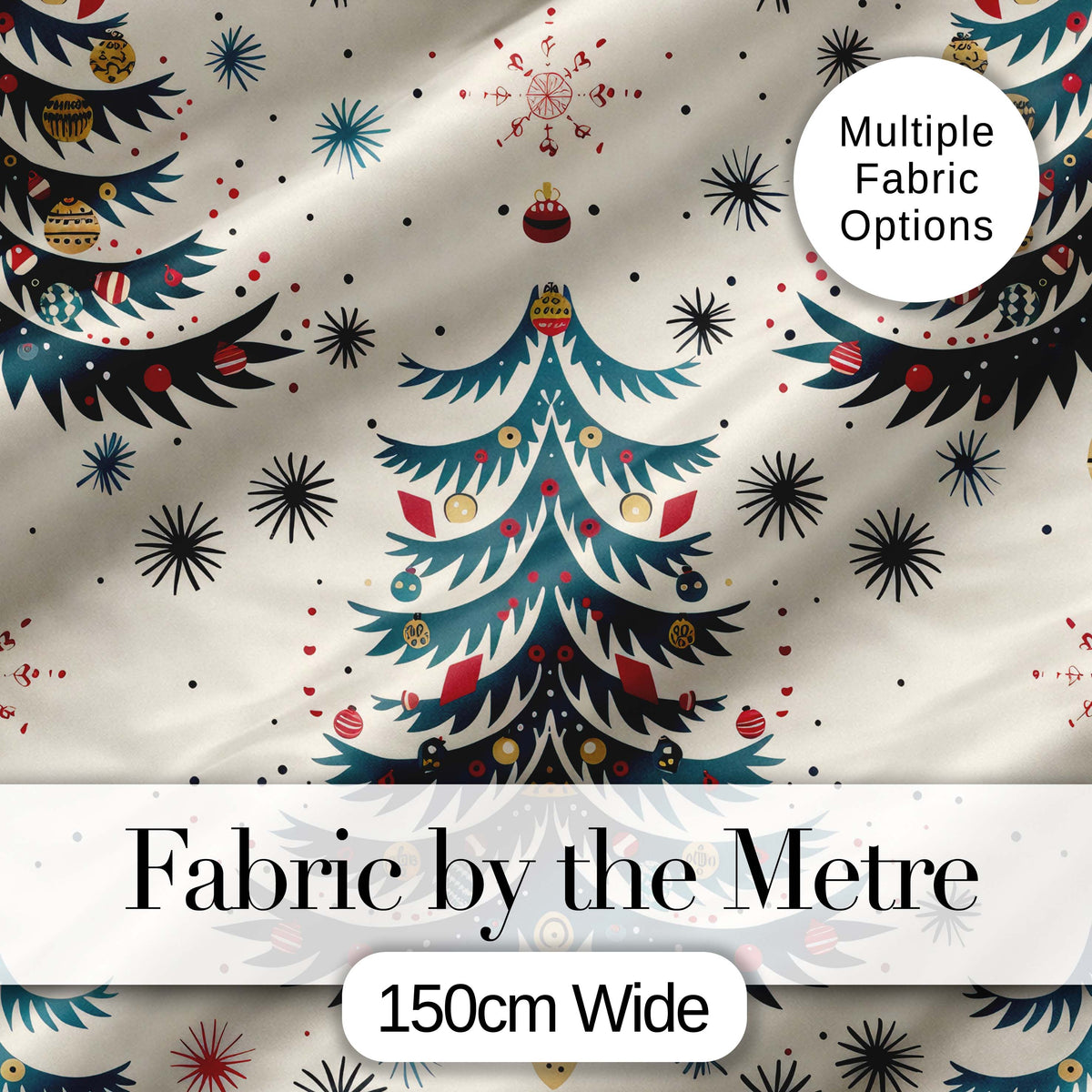 Cute Christmas Tree Ornament Starburst Seamless Pattern Digital Print Fabric by the Metre UK Sewing Quilting Textile