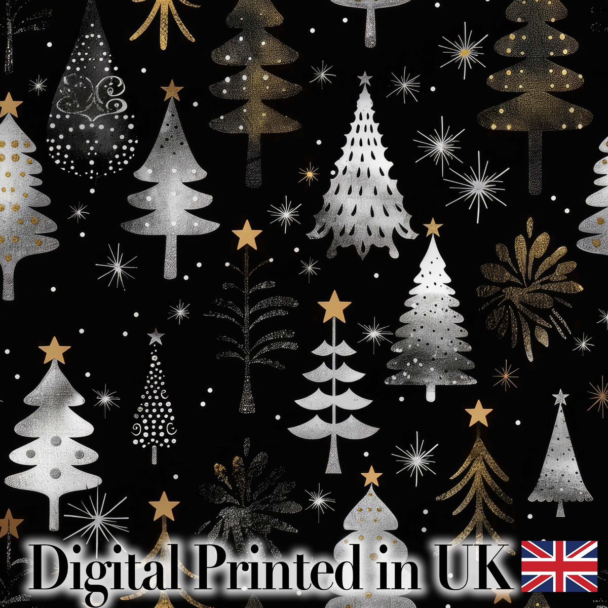 Elegant Gold Silver Christmas Trees Black Seamless Pattern Digital Print Fabric by the Metre UK Sewing Quilting Textile
