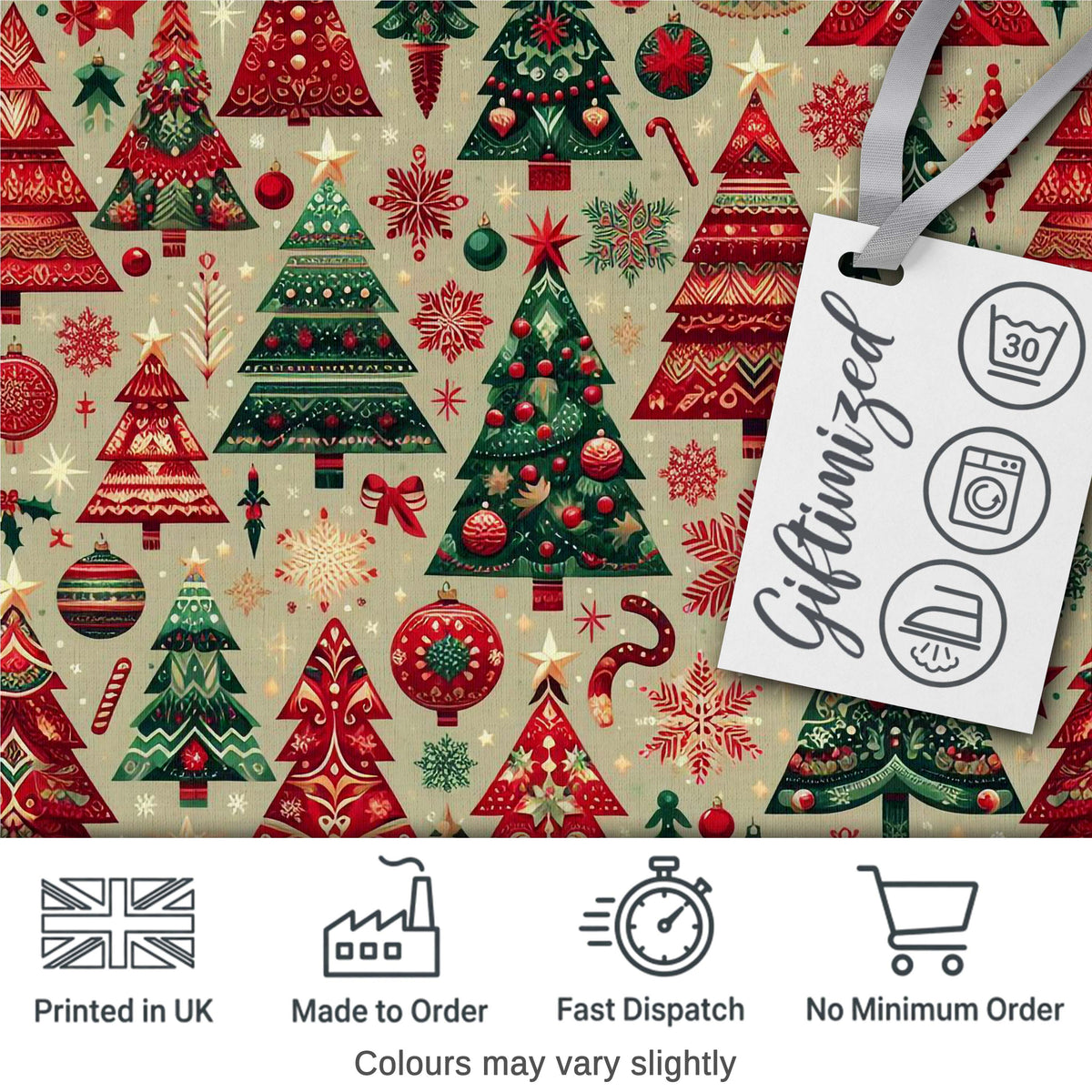 Vintage Christmas Tree Ornament Candy Cane Seamless Pattern Digital Print Fabric by the Metre UK Sewing Quilting Textile