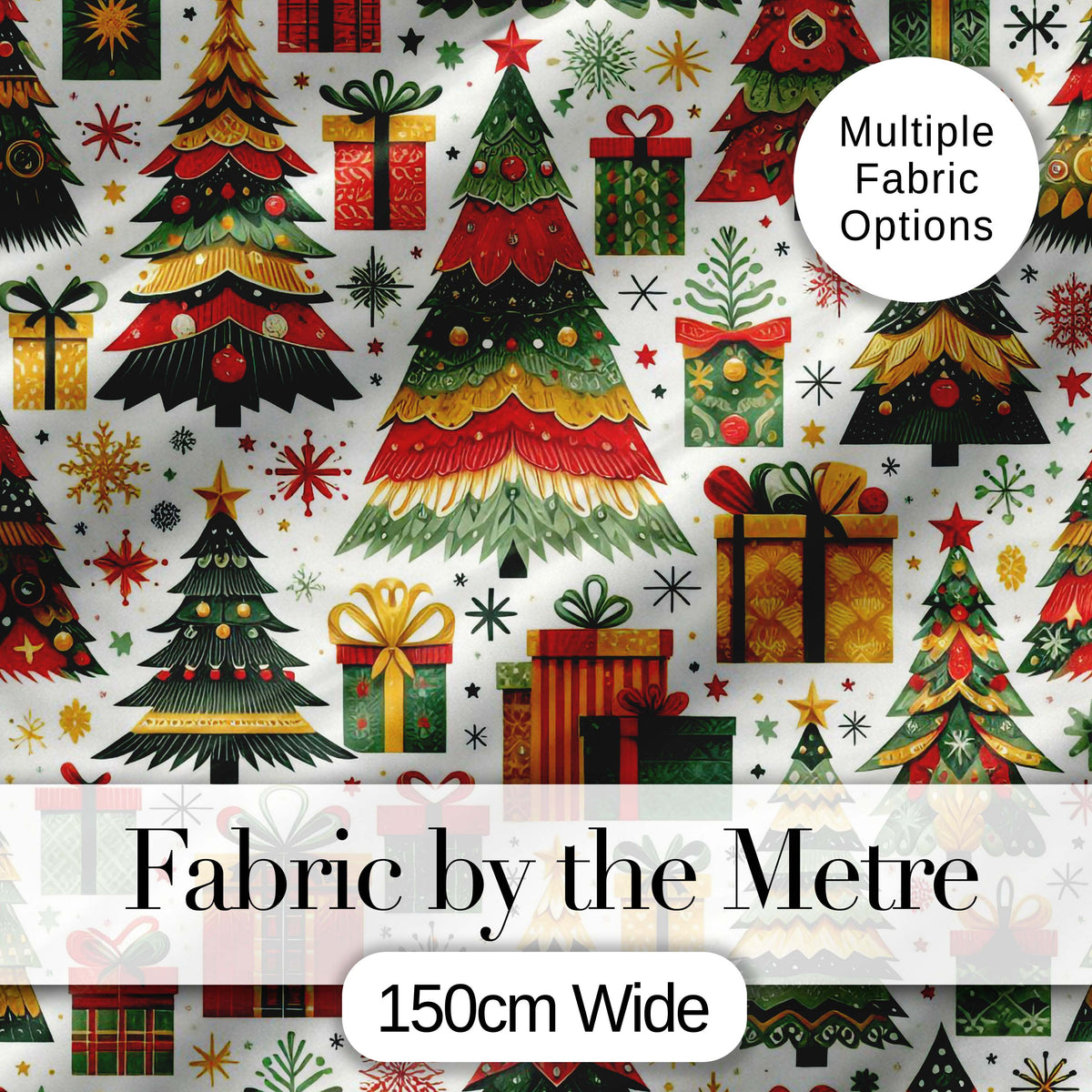 Cute Christmas Tree Gift Holiday Festive Seamless Pattern Digital Print Fabric by the Metre UK Sewing Quilting Textile